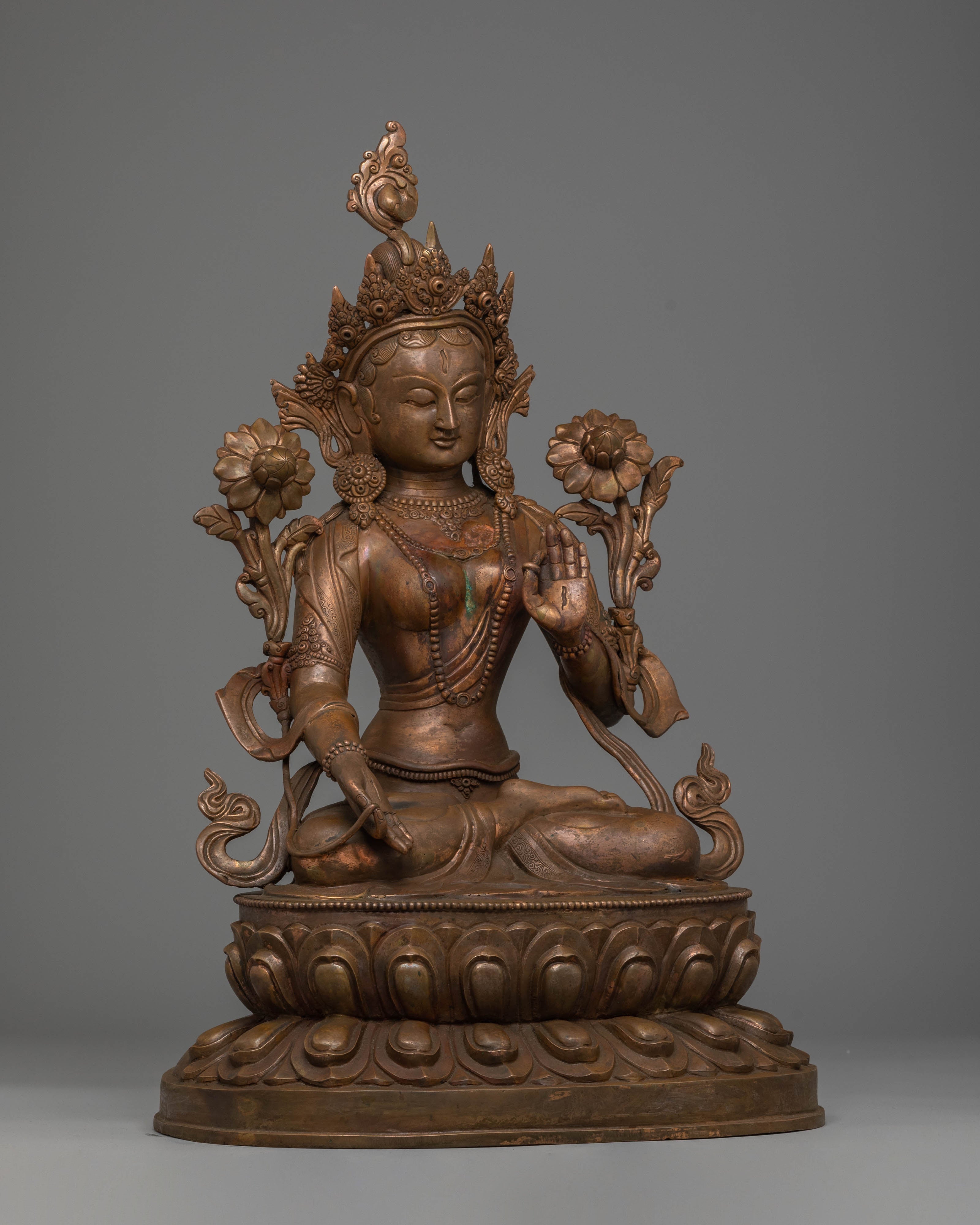 Sacred Statue of Green Tara | Oxidized Copper Buddha Statue for Meditation and Altar