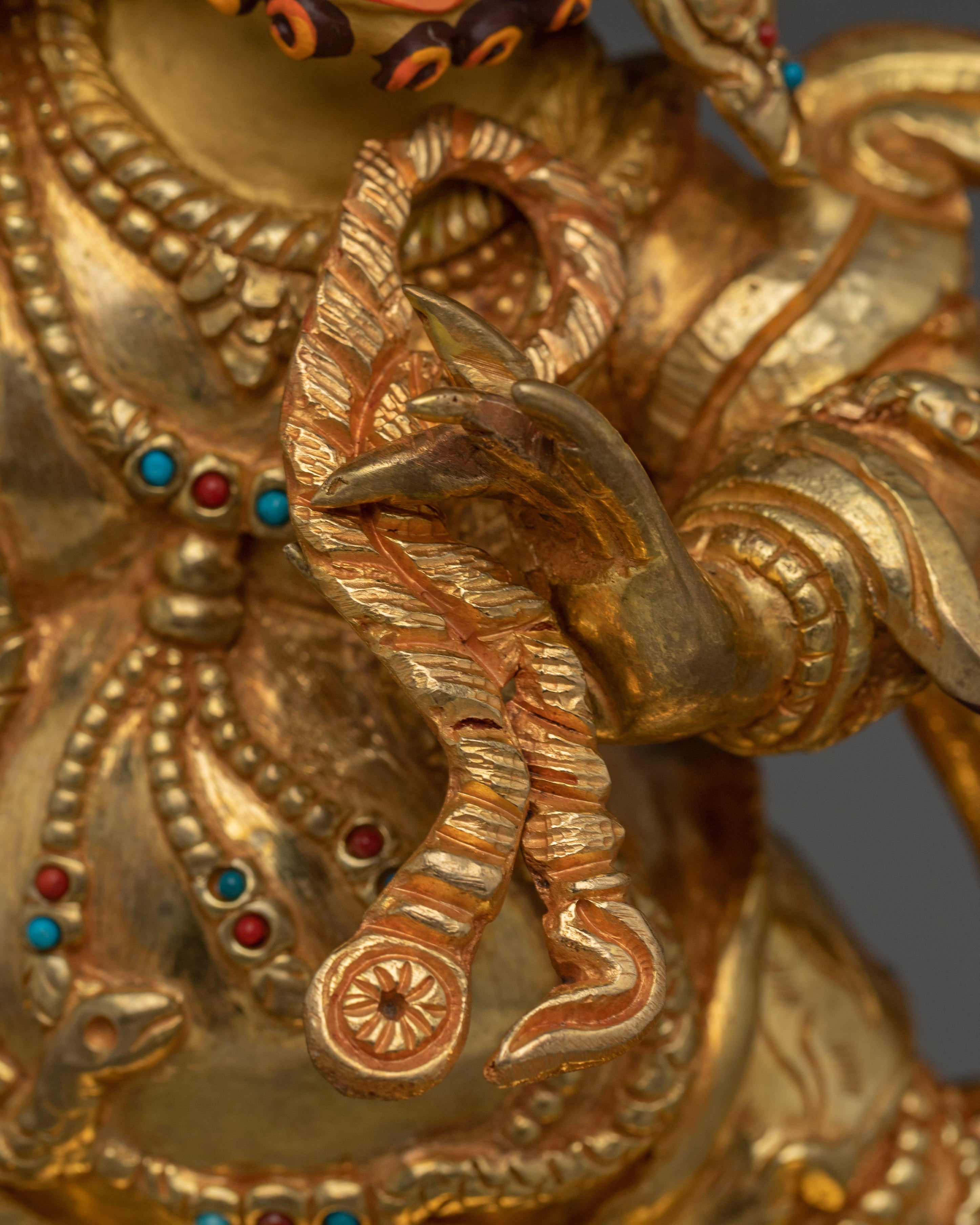 Vajrapani Deity Sculpture with Gemstone Detailing | Gold Gilded Copper Protector Statue
