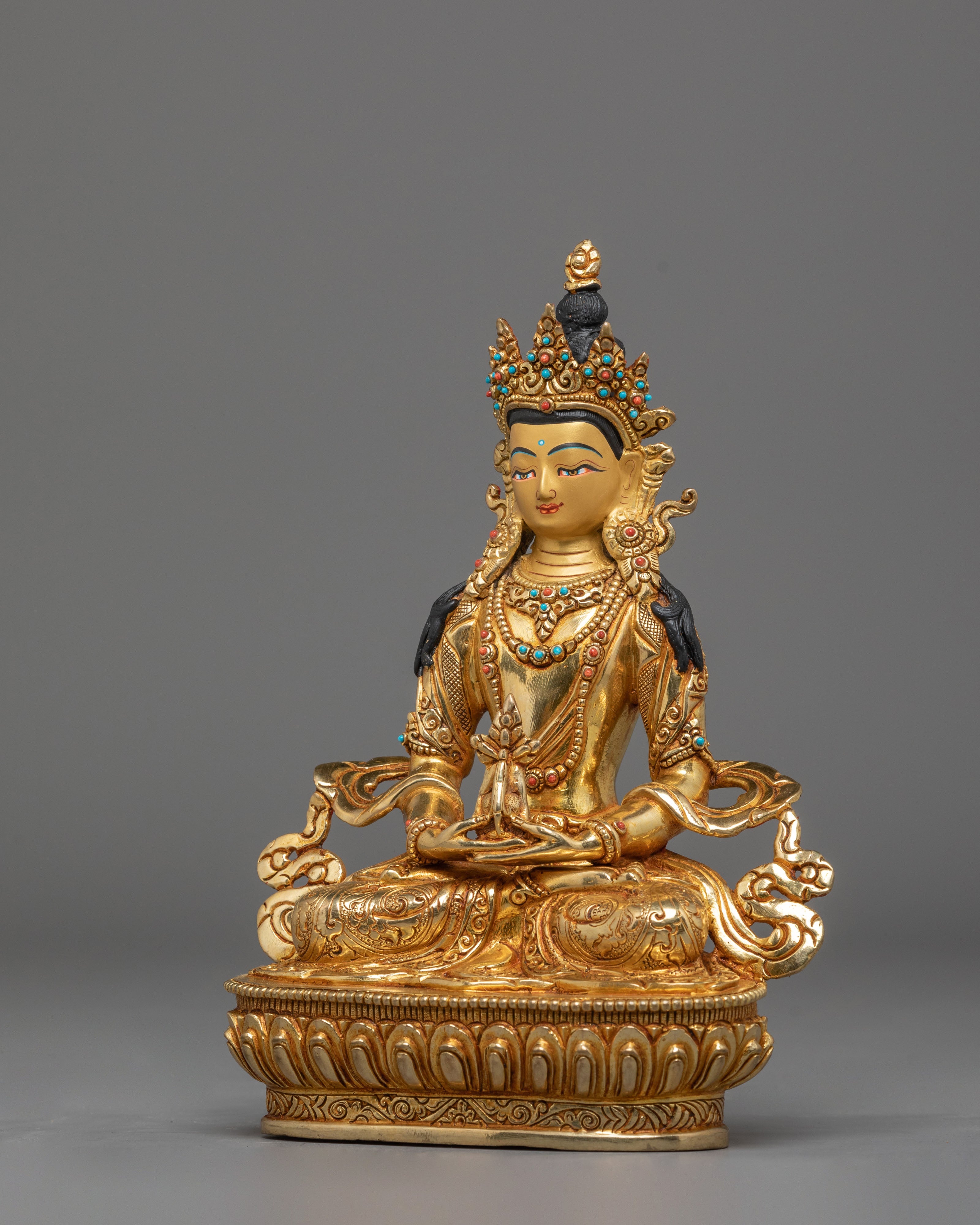 Sacred Amitayus Buddha Statue | Gold Plated Sculpture with Coral & Turquoise