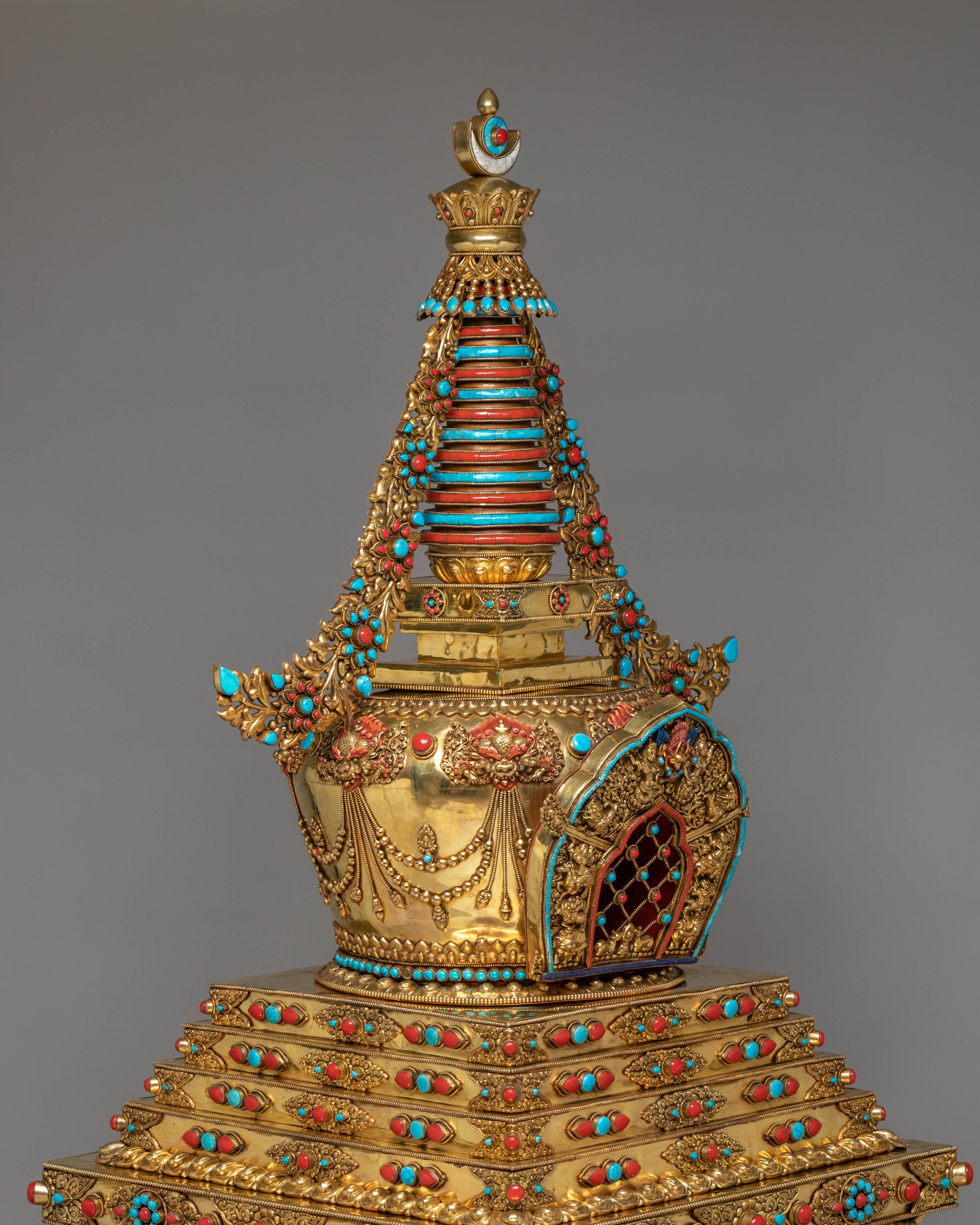 Buddhist Handcrafted Sacred Stupa | Gold-Plated Copper with Coral & Turquoise