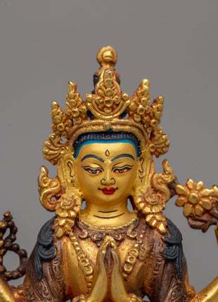 Gold Plated Chenrezig Statue | Avalokiteshvara Copper Buddha