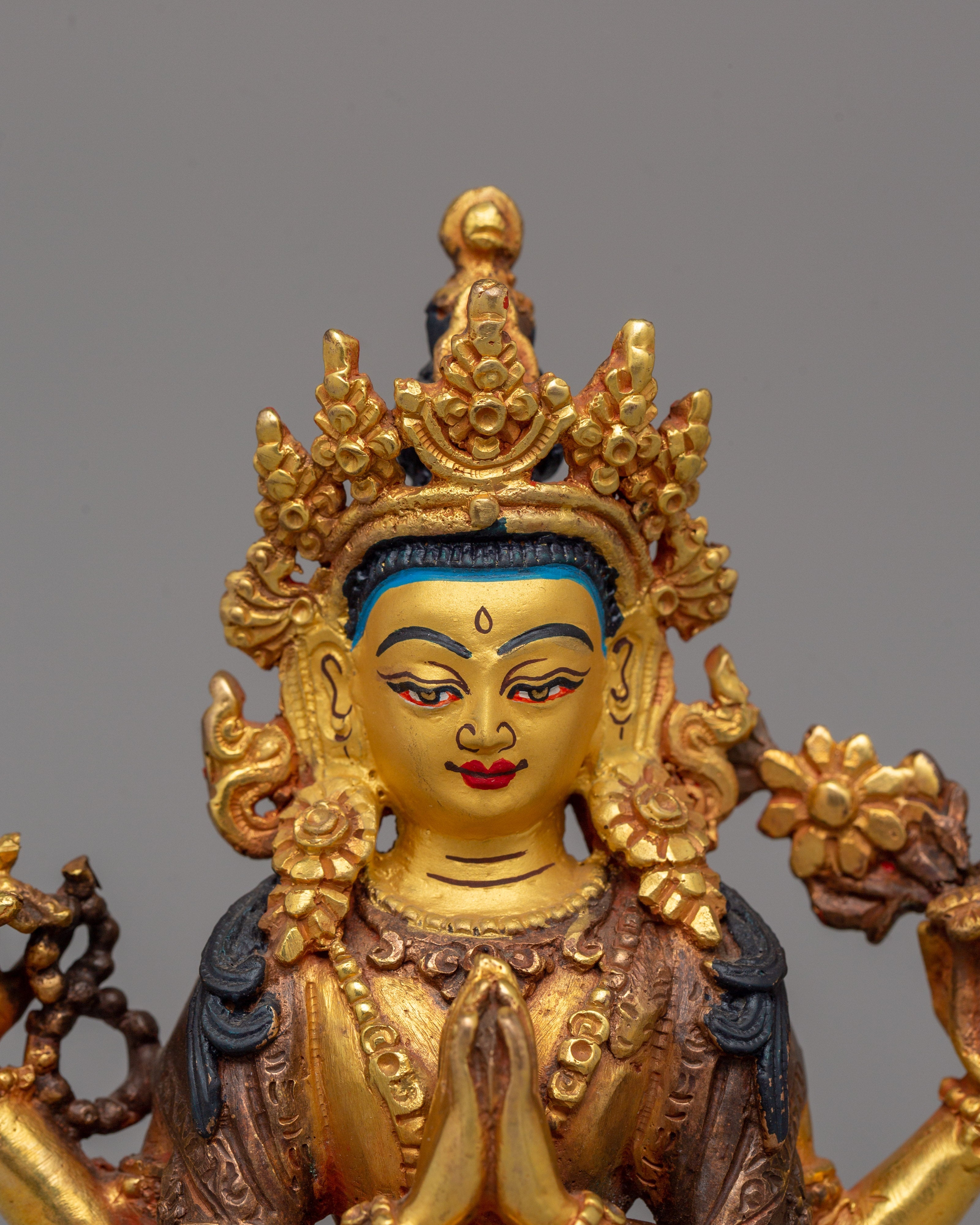 Gold Plated Chenrezig Statue | Avalokiteshvara Copper Buddha