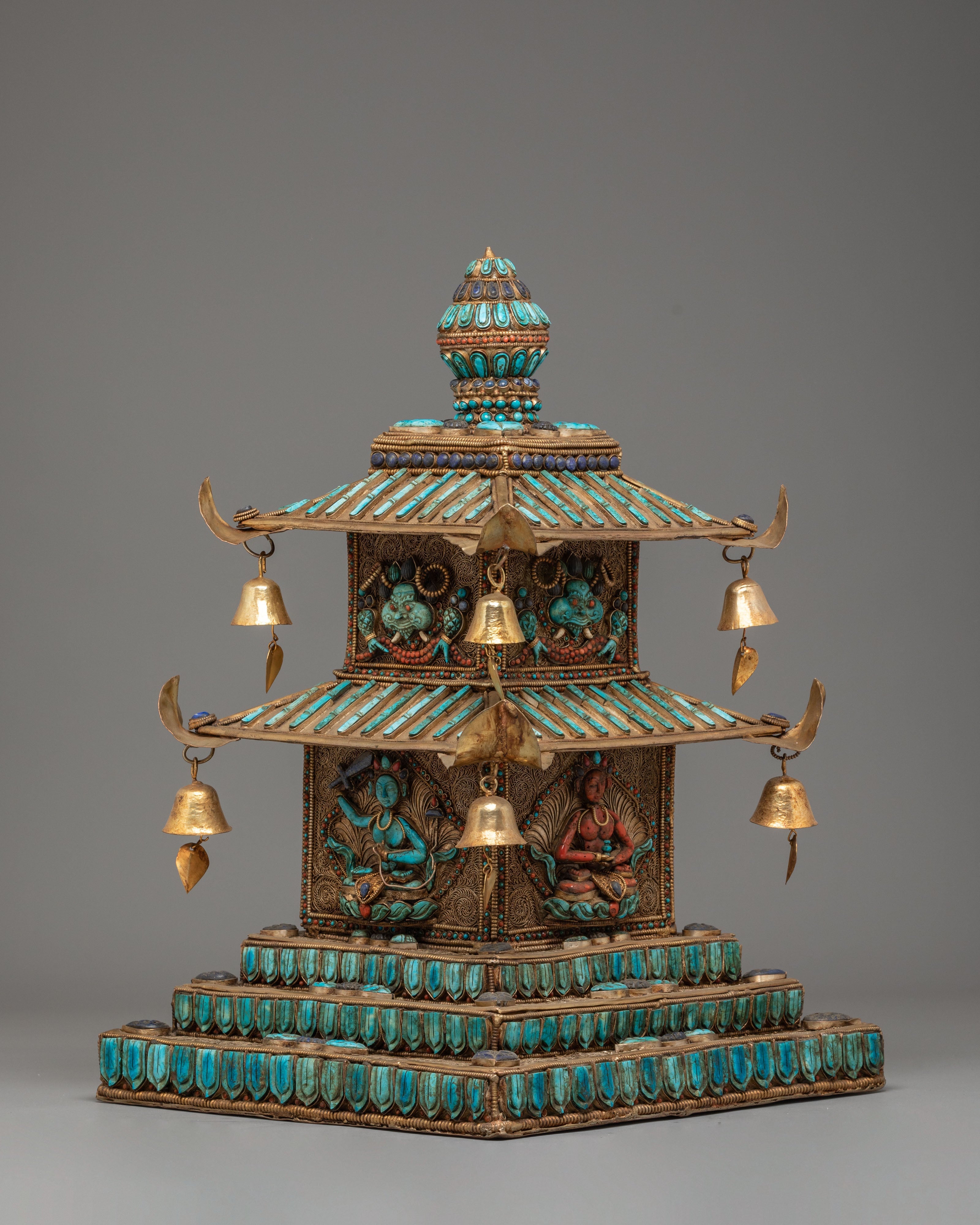 Tibetan Stupa with Deities and Turquoise Inlays | Copper & Semi-Precious Stones