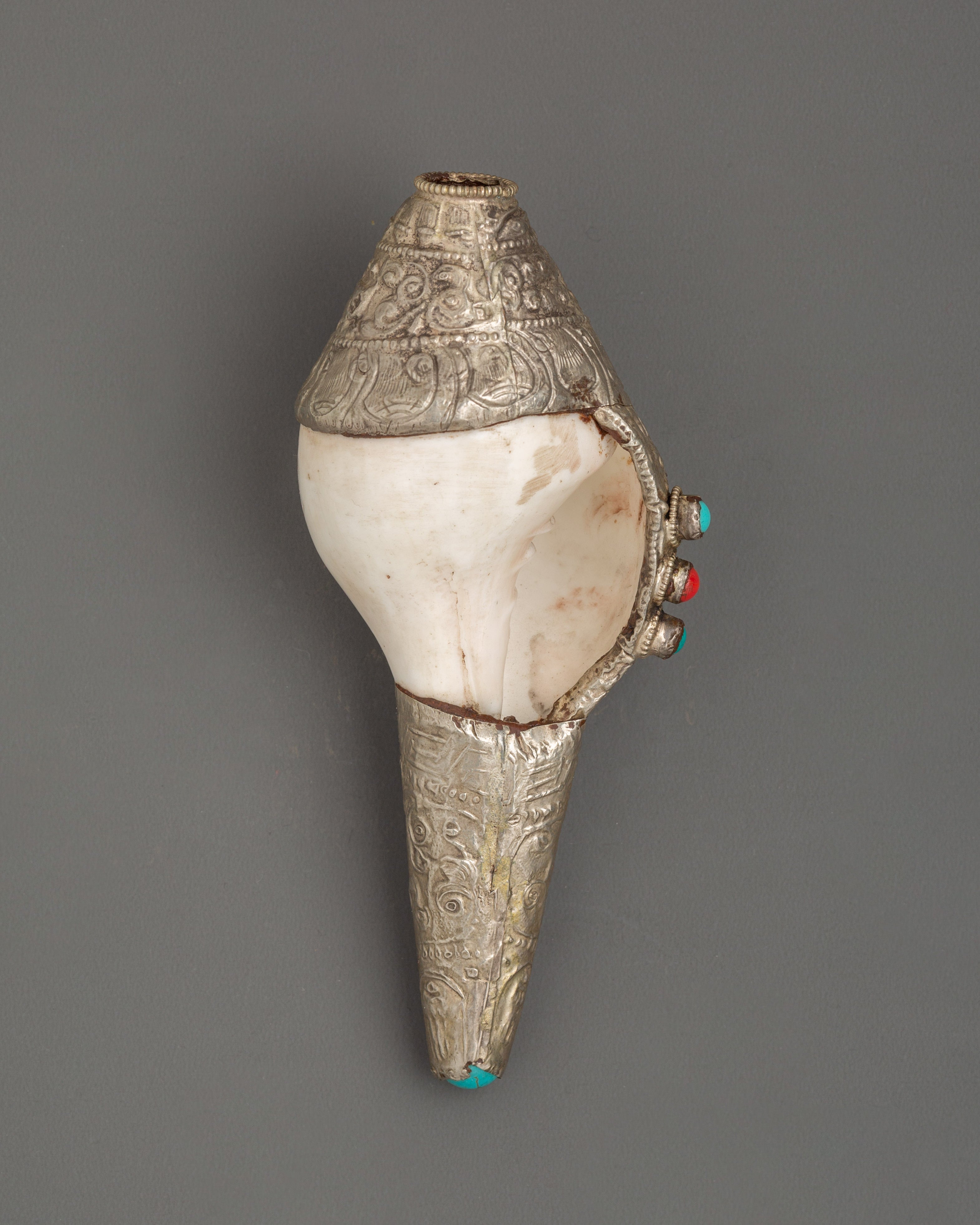 Conch Symbol of Sound and Spirituality | Silver Plated with Turquoise & Coral Inlays