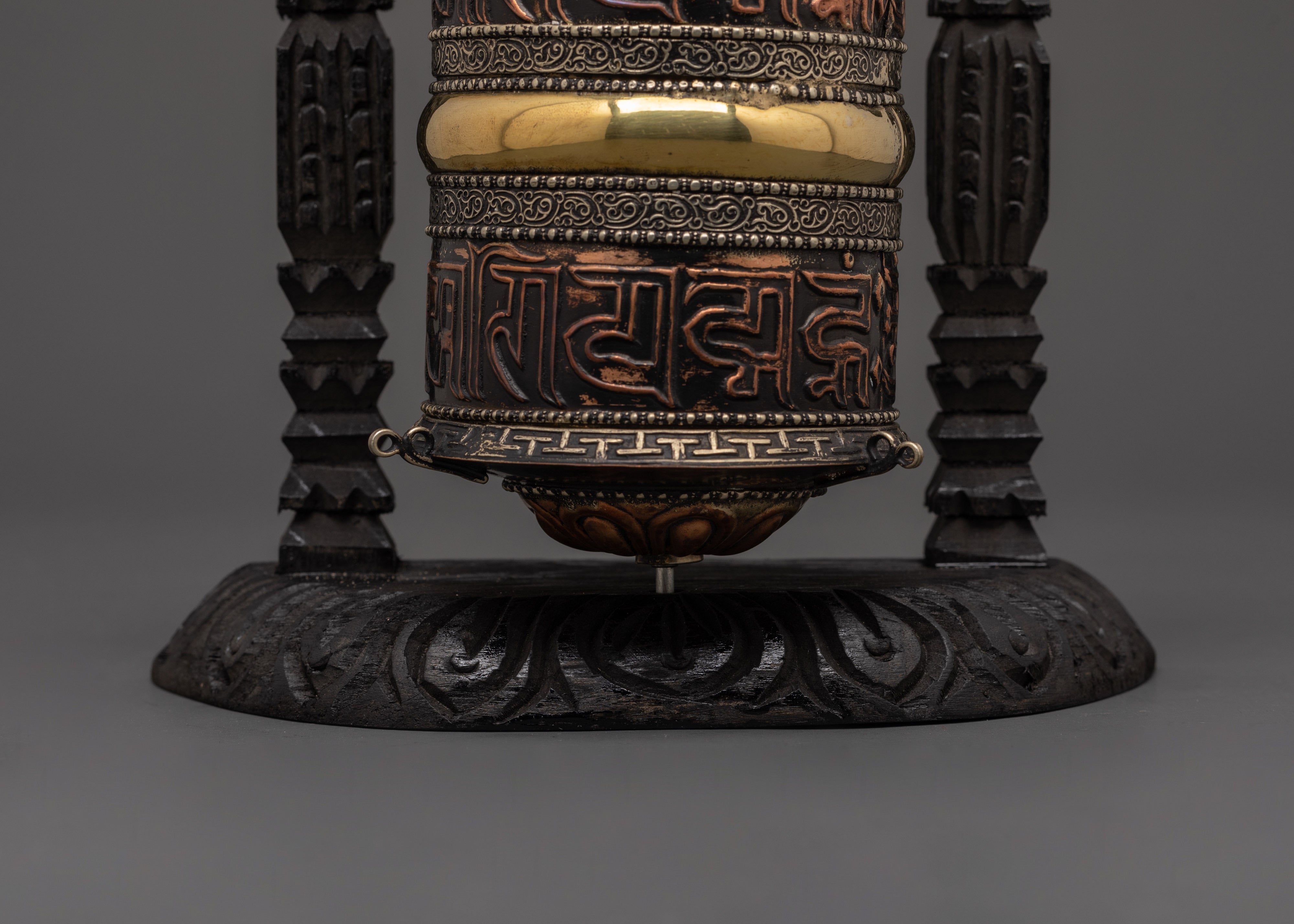 Sacred Wooden Framed Prayer Wheel | Copper and Brass Tibetan Mantra Wheel