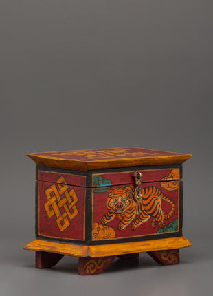 Hand-Painted Wooden Tiger Box | Tibetan Spiritual Storage Chest