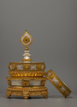 Buddhist Mandala Rice Offering Set | Handcrafted Copper Artwork with Gold & Silver Plating