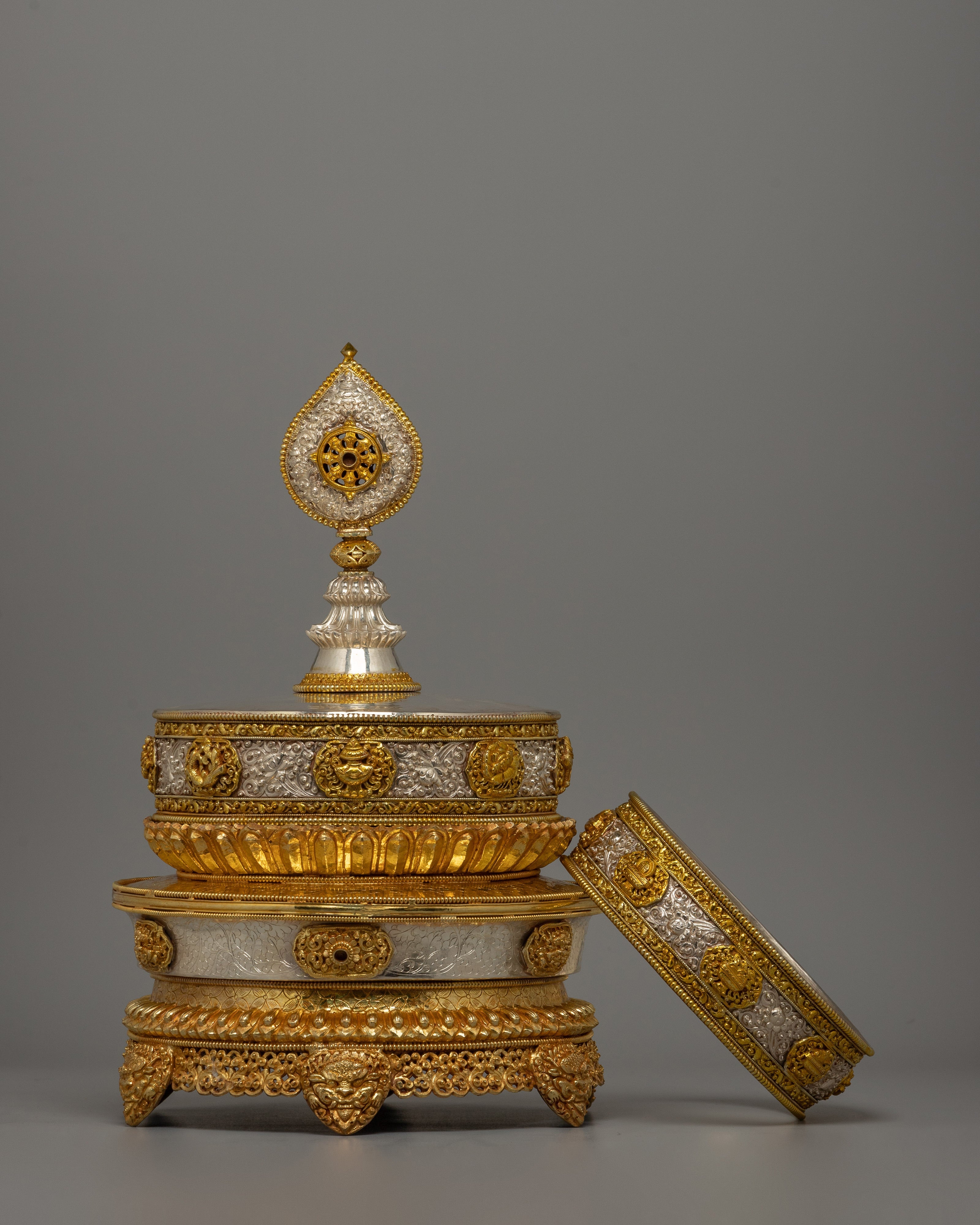 Buddhist Mandala Rice Offering Set | Handcrafted Copper Artwork with Gold & Silver Plating