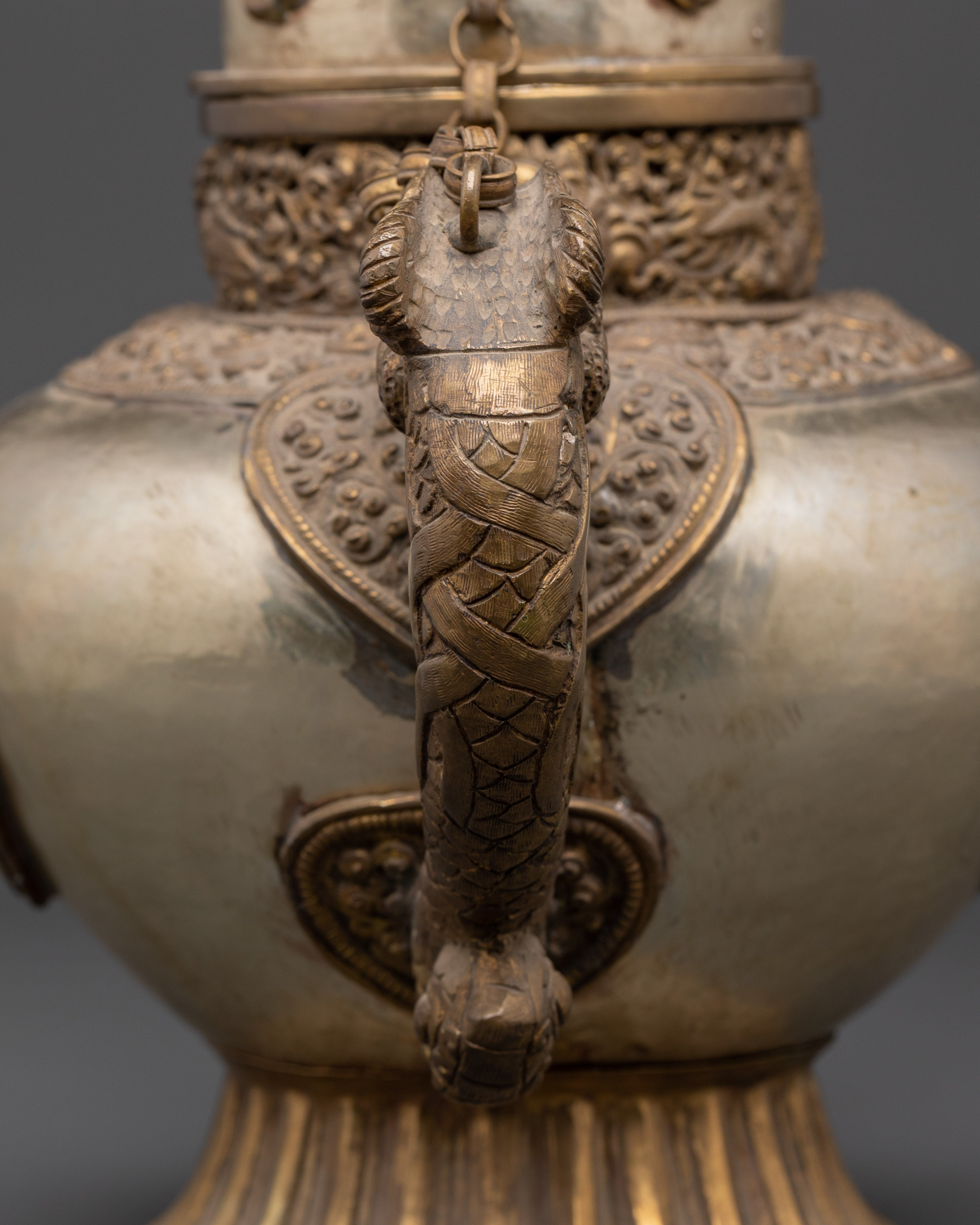 Handcrafted Buddhist Tea Pot | Traditional White Metal Pot with Dragon Handles