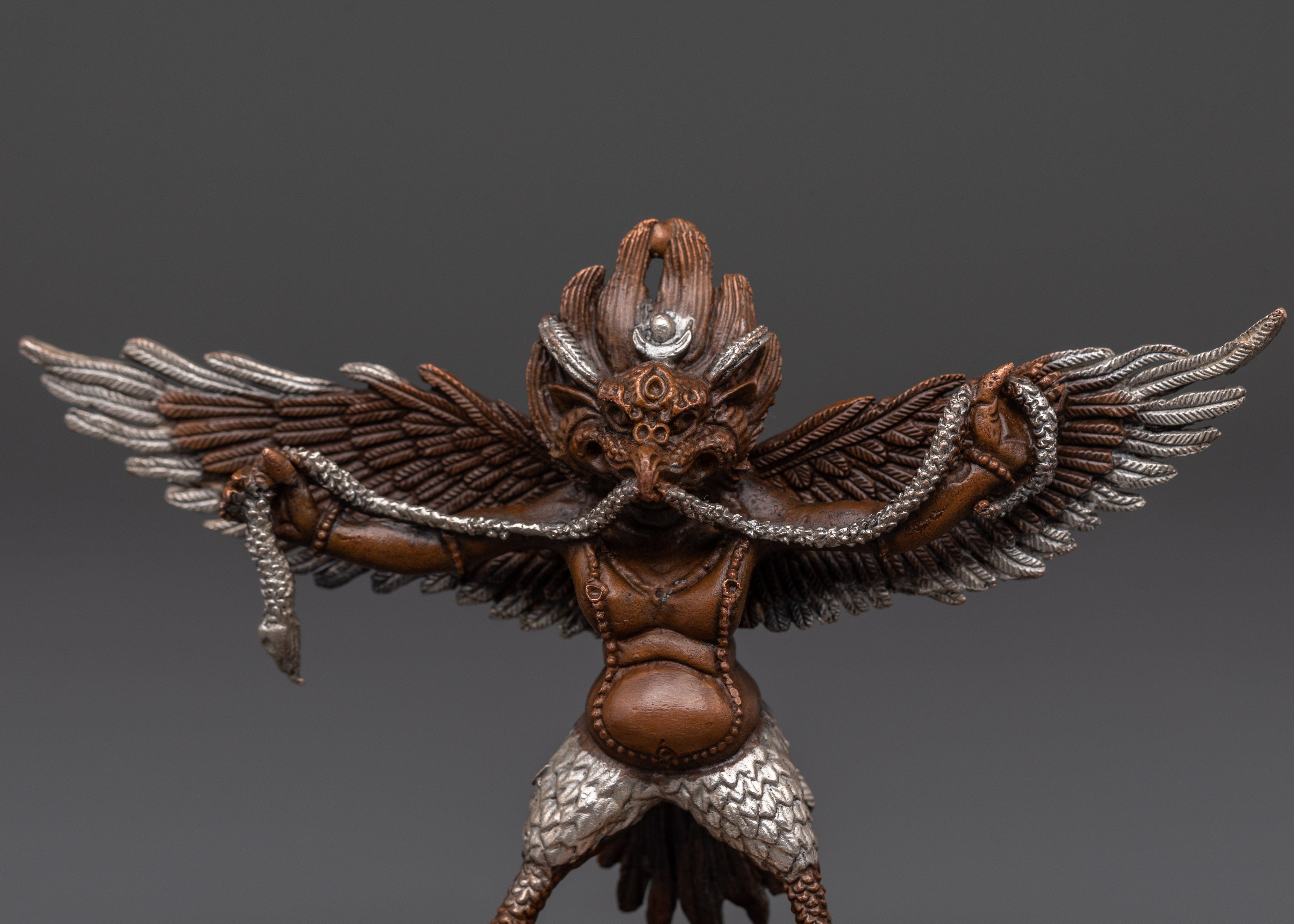 Handcrafted Tibetan Garuda Statue | Copper Oxidized Silver Plated Protector Deity Sculpture for Spiritual Décor