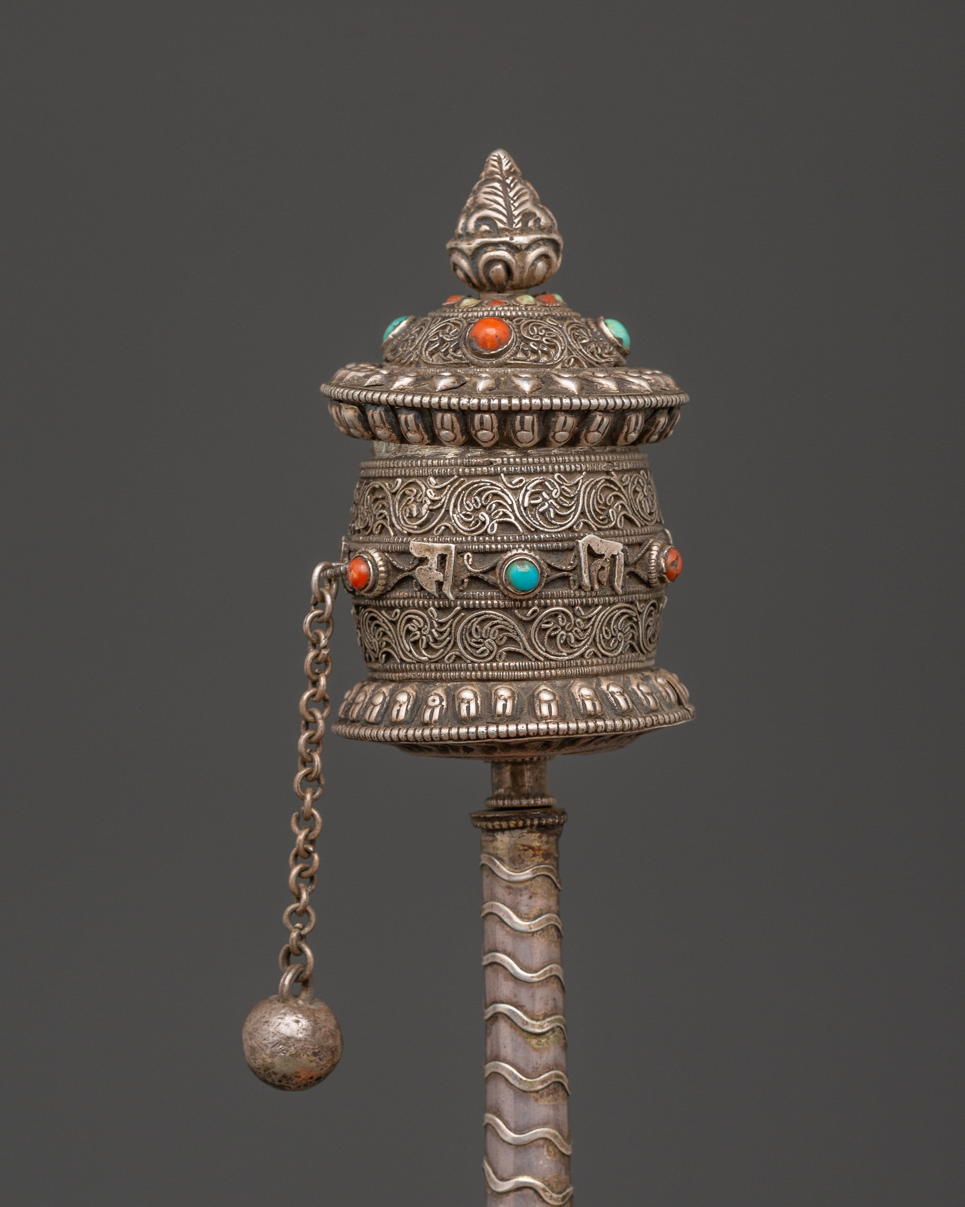 Tibetan Prayer Wheel 92.5% Silver | Handcrafted Spinning Mani Wheel