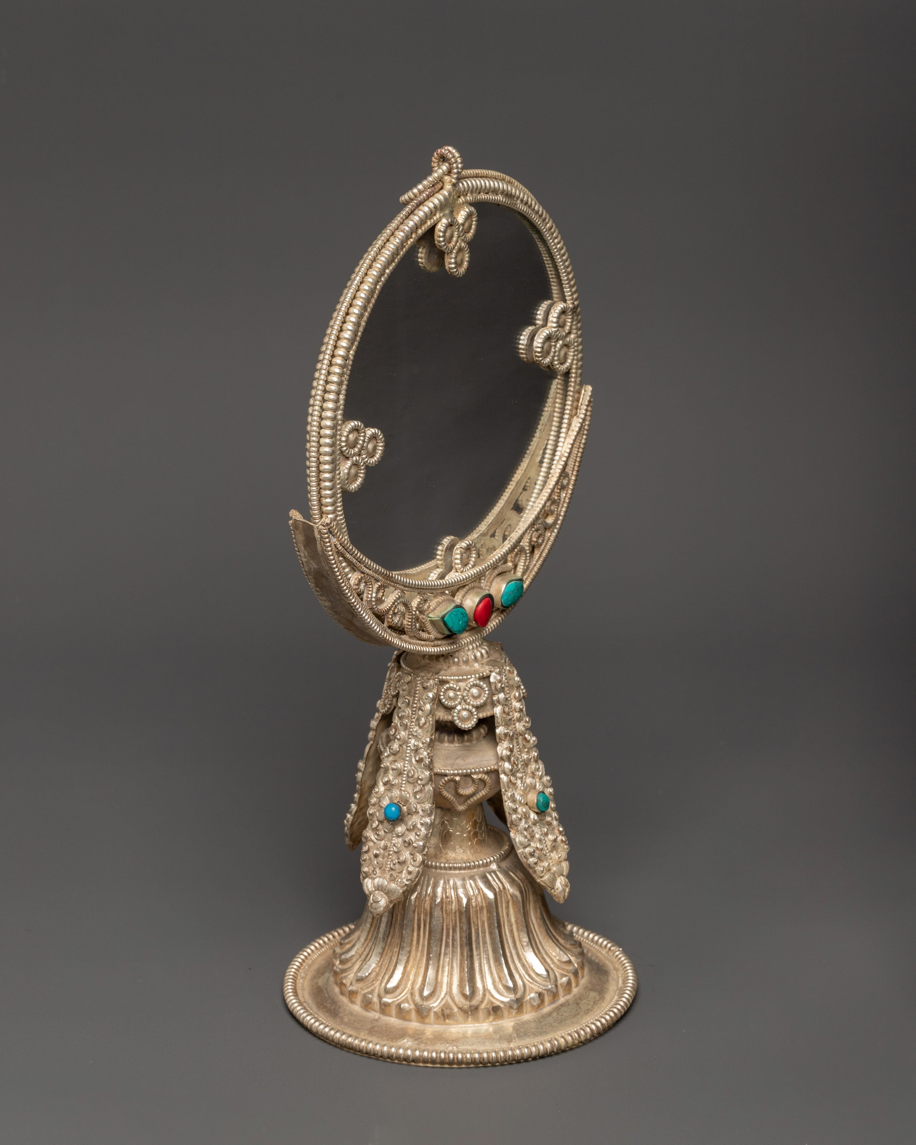 Tibetan Double-Sided Mirror |  White Metal Buddhist Altar Decor