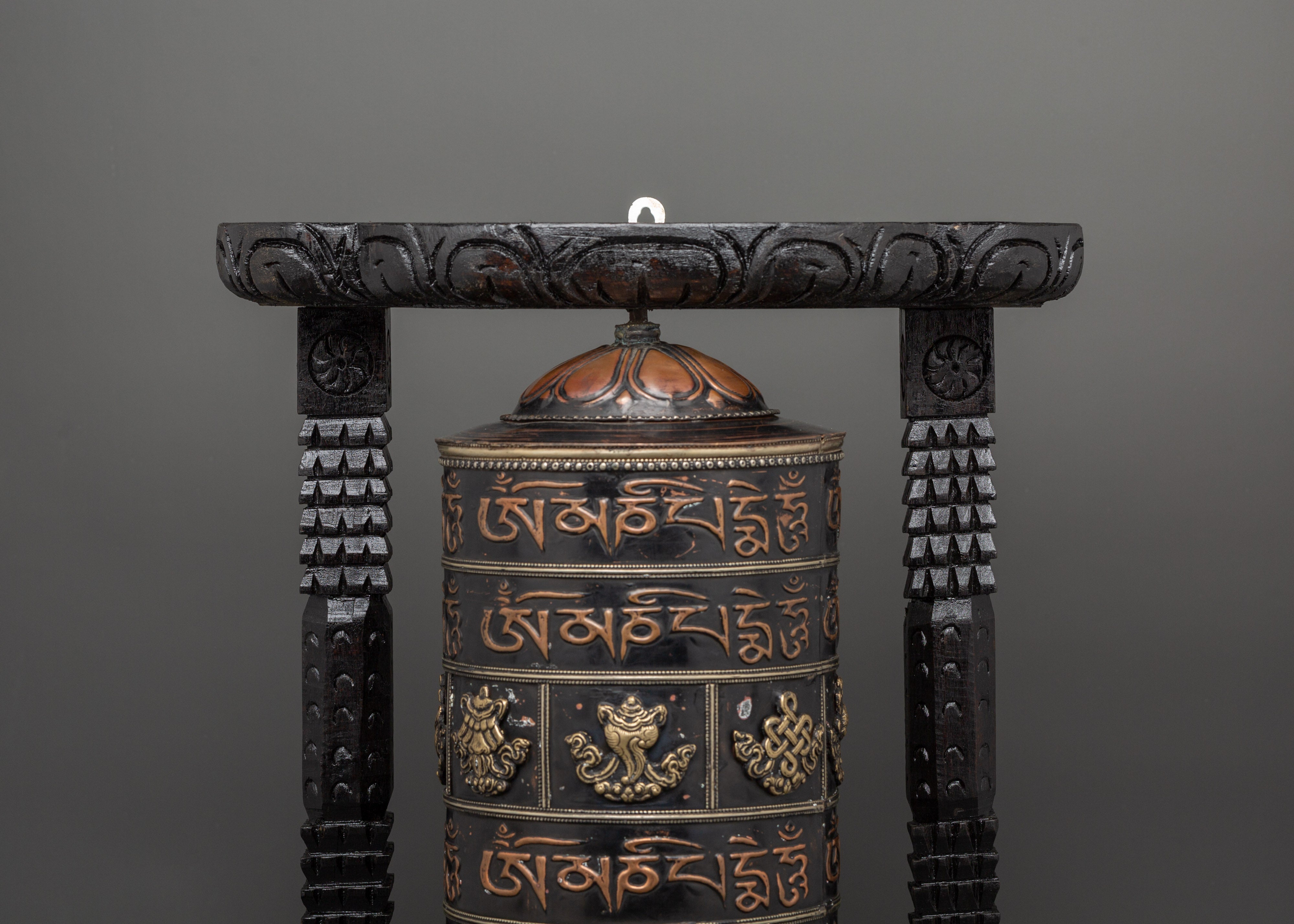 Prayer Wheel Carved with Wooden Frame | Copper & Brass Mantra Wheel