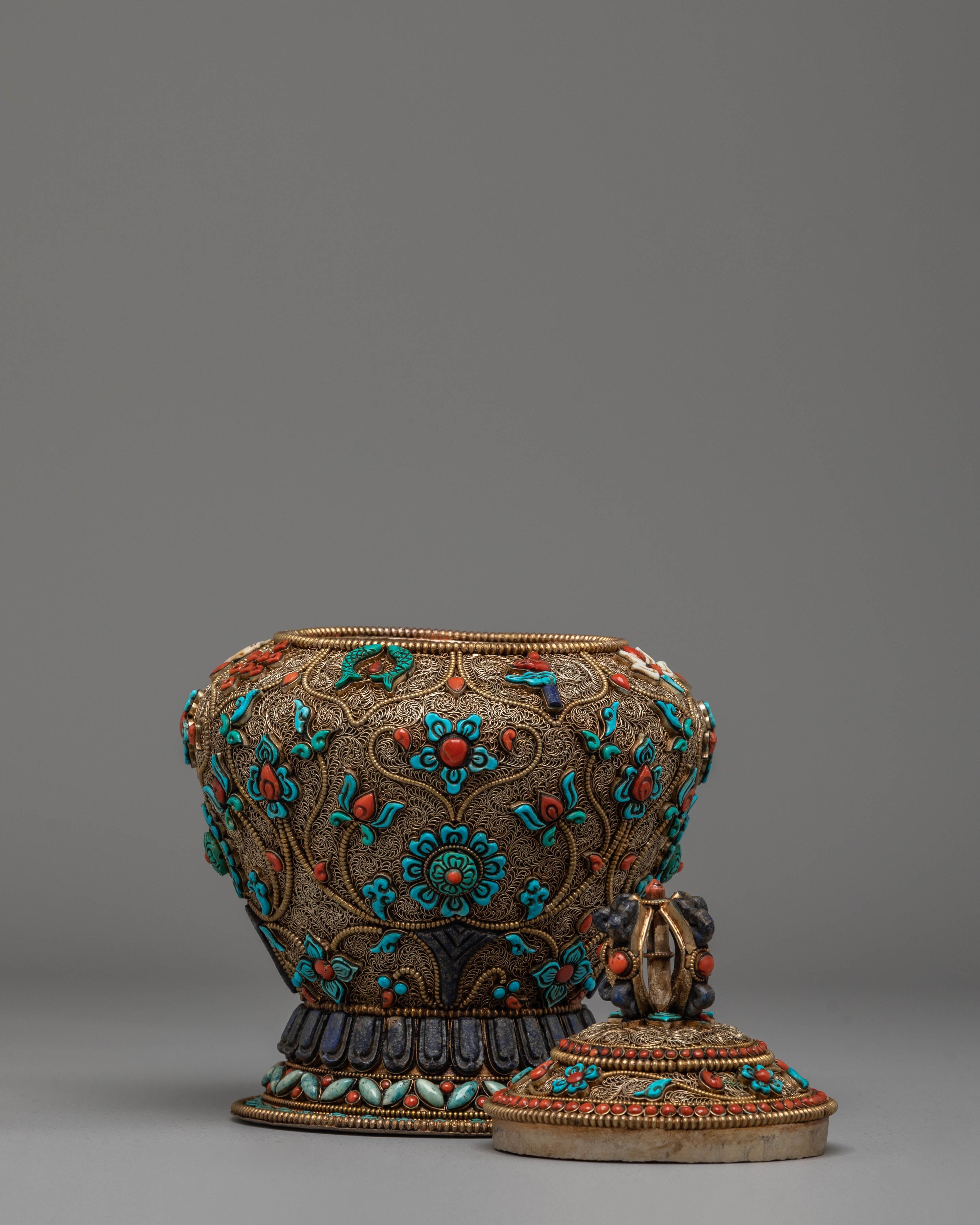 Buddhist Ritual Rice Offering Pot | Copper & Silver Plated with Gemstones