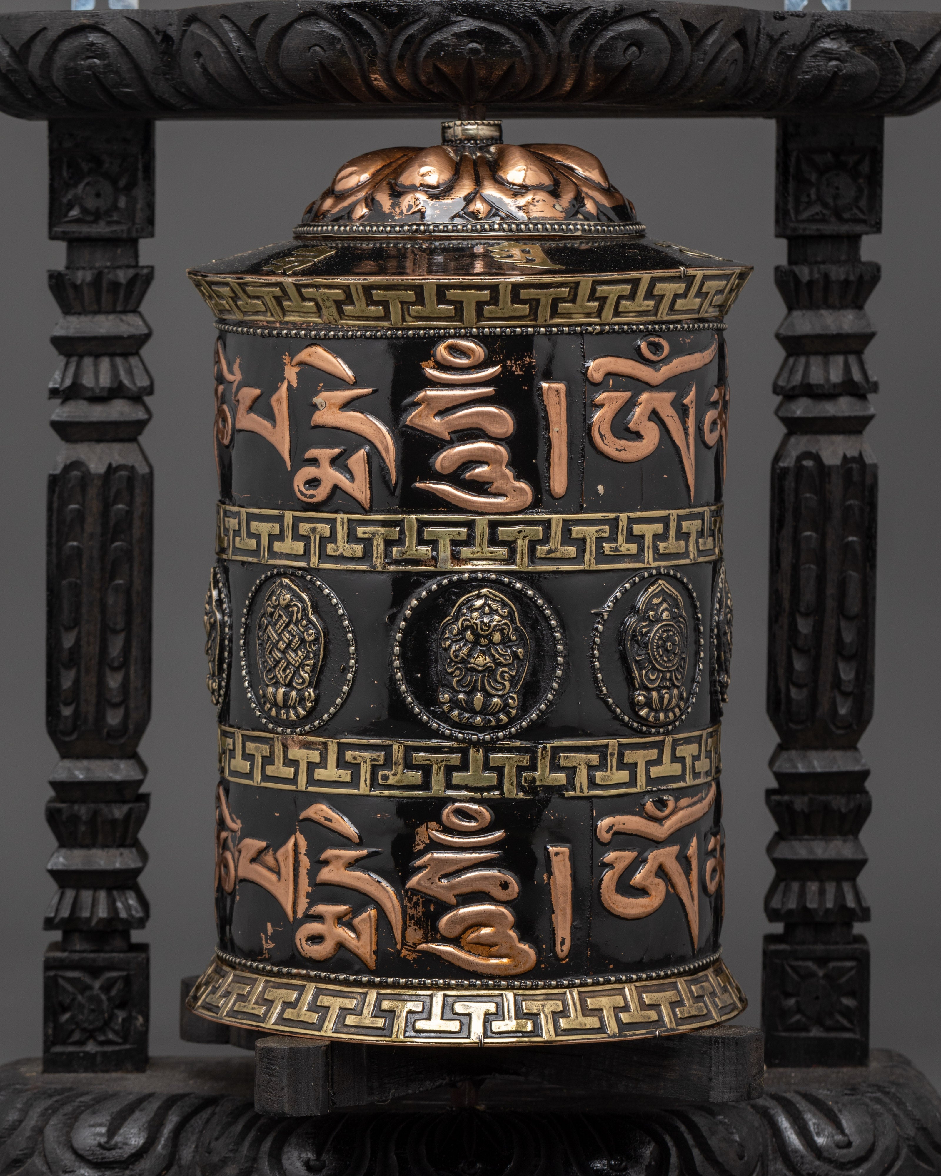 Copper & Brass Prayer Wheel | Sacred Black Wood Frame