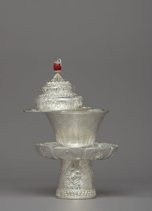 Traditional Silver Tea Cup with Red Stone on Top | Tibetan Buddhism Decor
