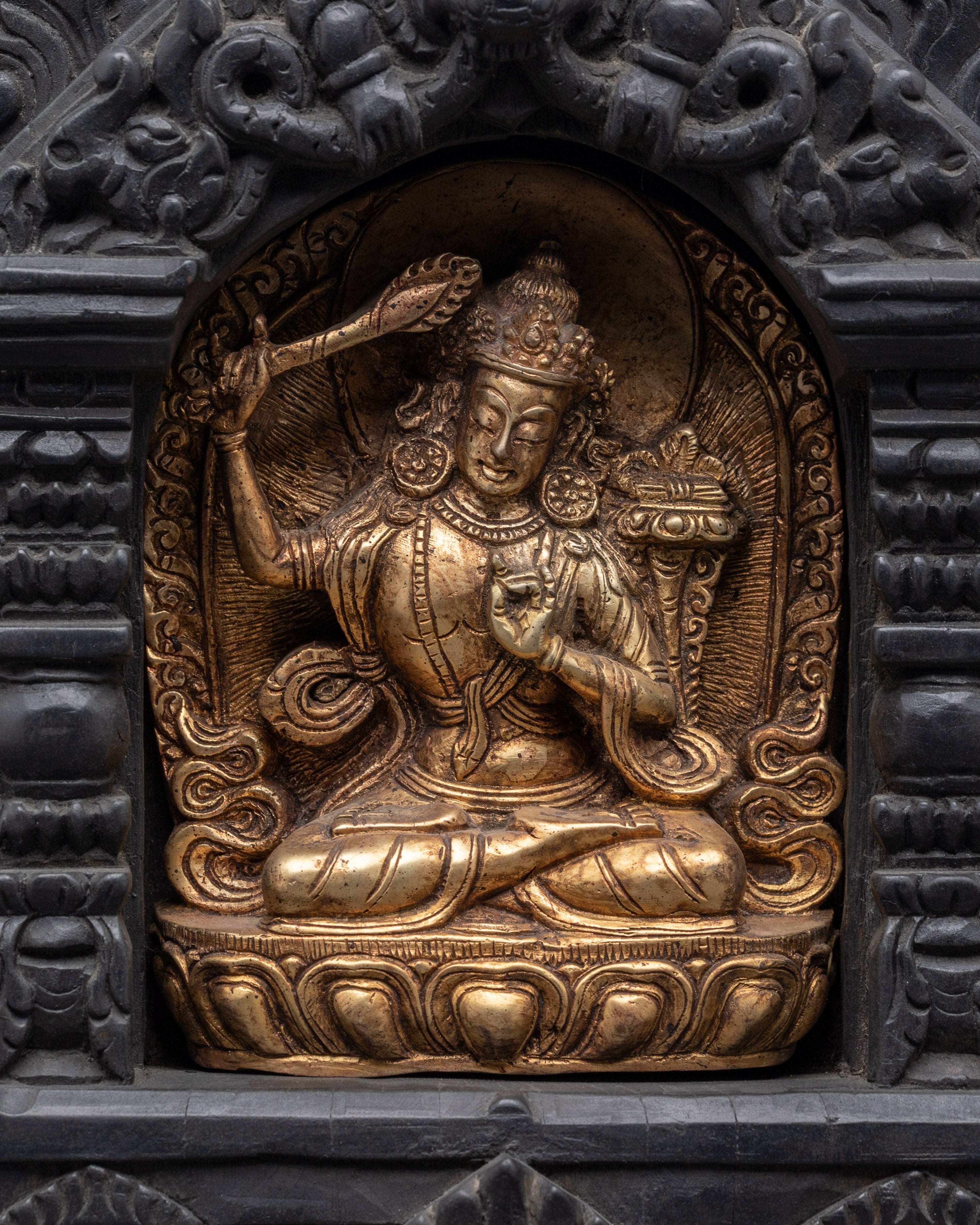 Gold Plated Manjushri Statue with Wooden Frame | Tibetan Bodhisattva of Wisdom