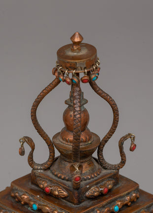 Authentic Buddhist Stupa in Oxidized Copper | Sacred Sculpture for Peace and Harmony