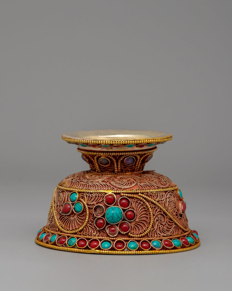 Set of Tibetan Offering Bowls | Turquoise & Coral Filigree Work for Altar Décor