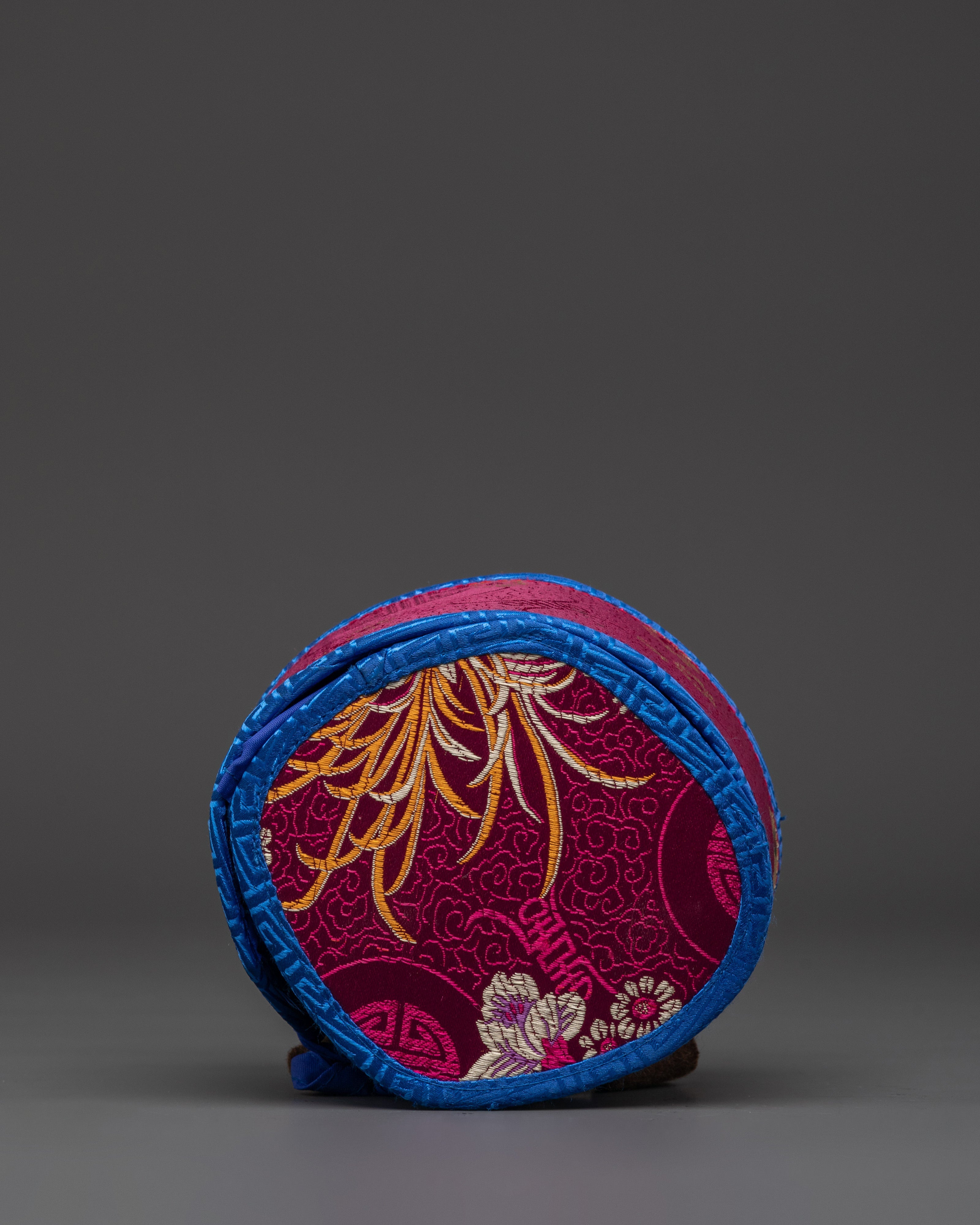 Traditional Buddhist Damaru Drum | Wooden Tibetan Ritual Instrument with Silk Brocade Cover