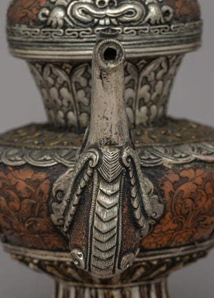 Religious Tibetan Tea Pot | A Sacred Silver-Plated Offering Vessel