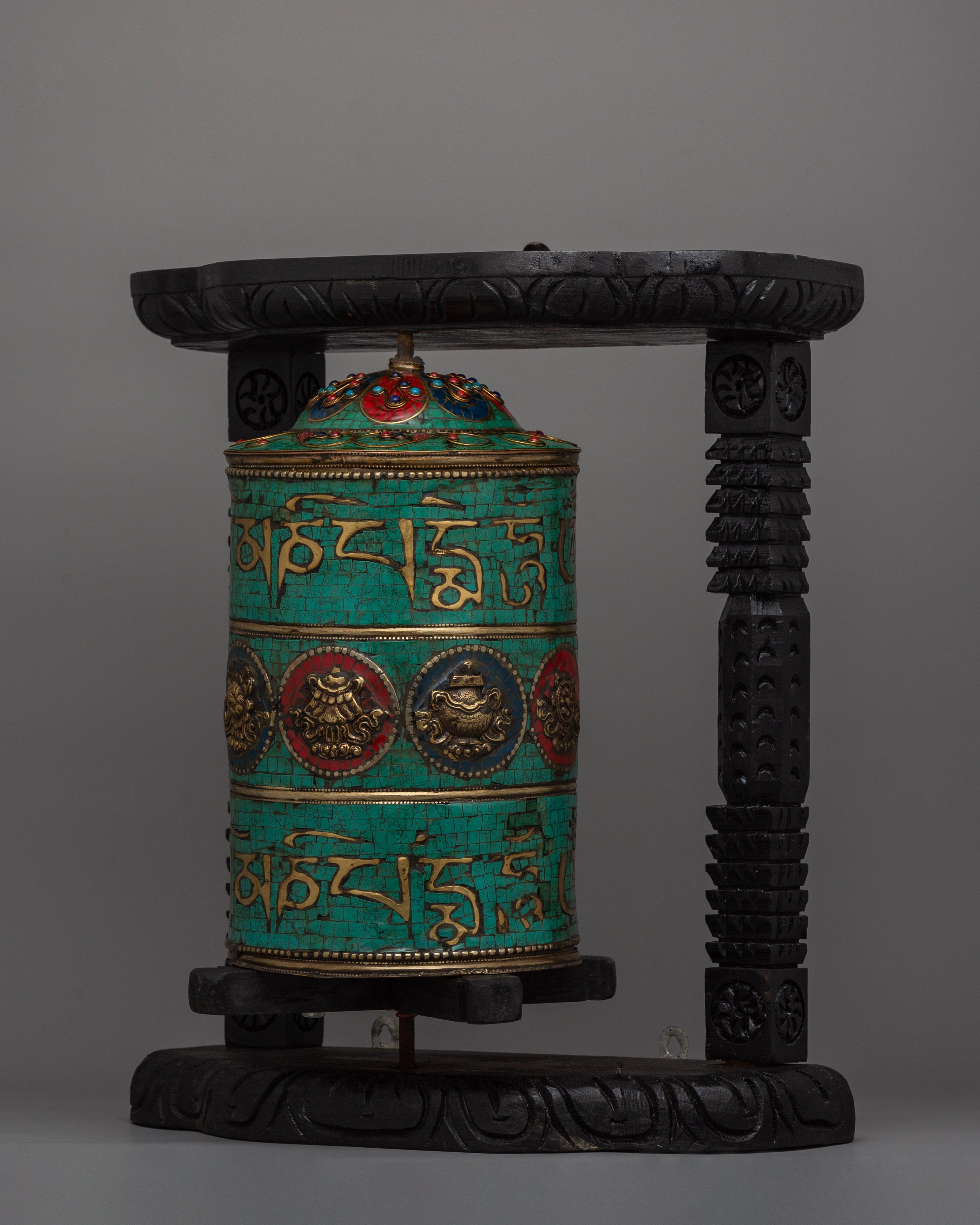 Sacred Wheel for Buddhist Practices | Handcrafted Tibetan Prayer Wheel with 8 Auspicious Symbols