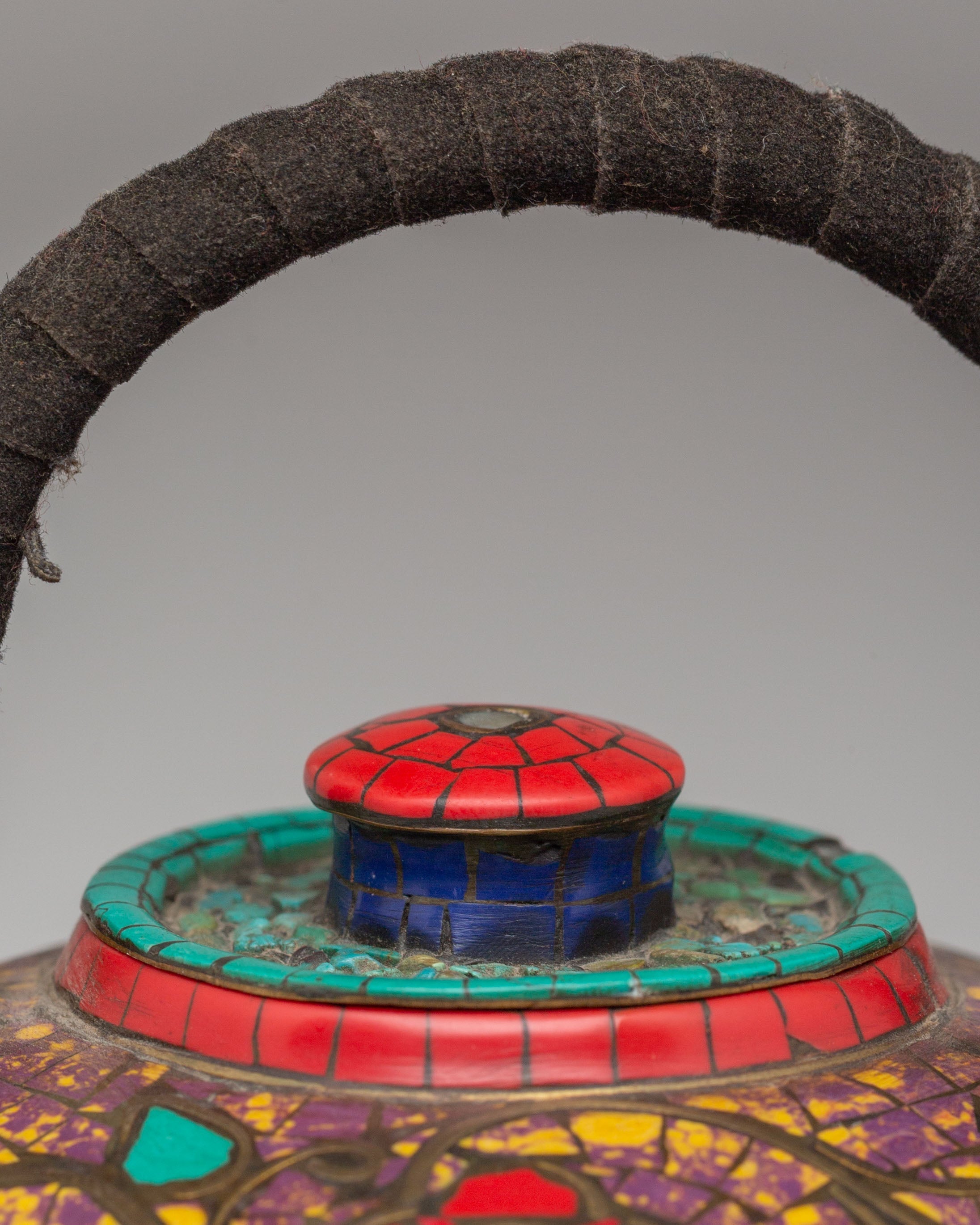 Handmade Buddhist Tea Pot | Copper with Coral, Lapis & Turquoise Stones