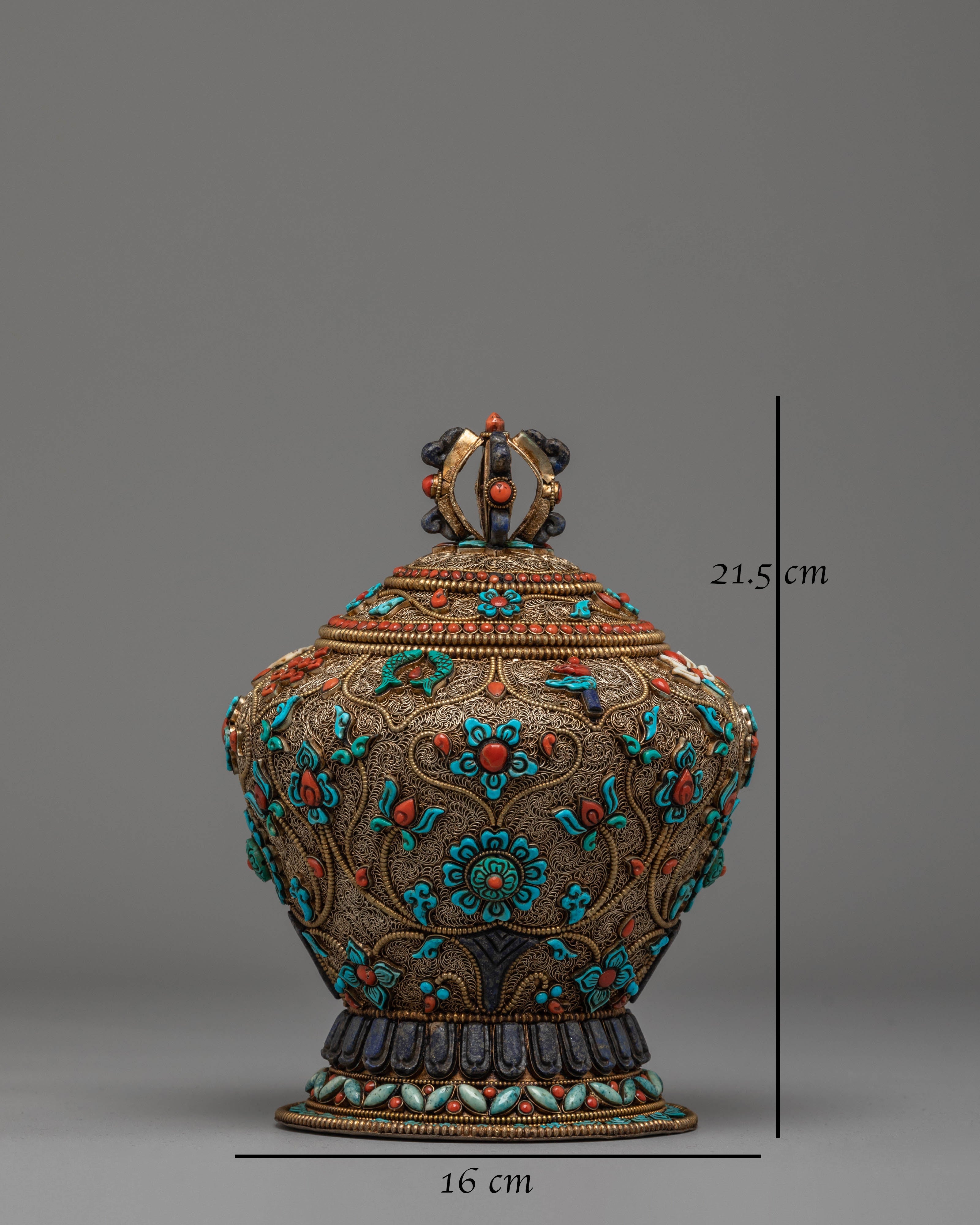 Buddhist Ritual Rice Offering Pot | Copper & Silver Plated with Gemstones