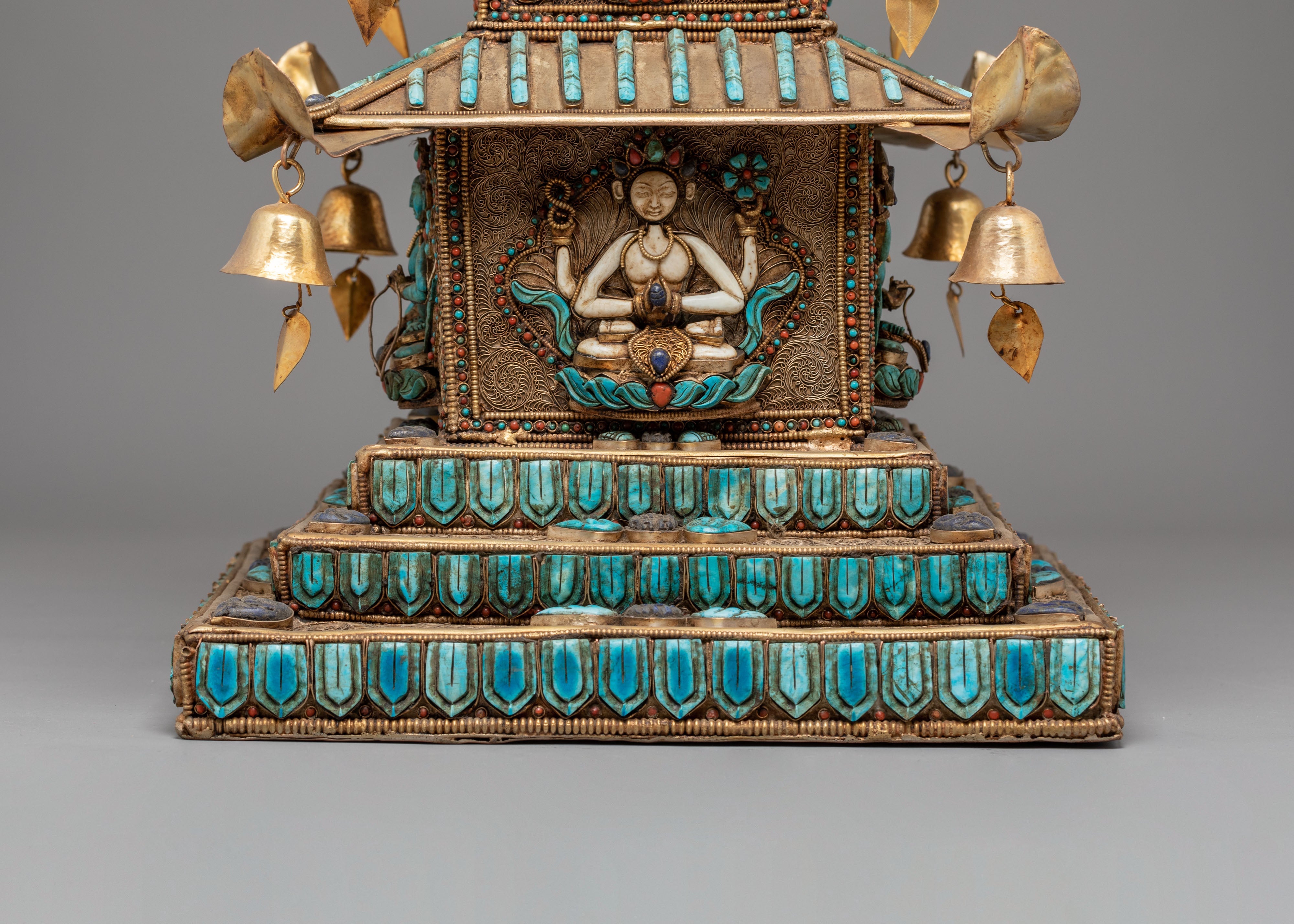 Tibetan Stupa with Deities and Turquoise Inlays | Copper & Semi-Precious Stones