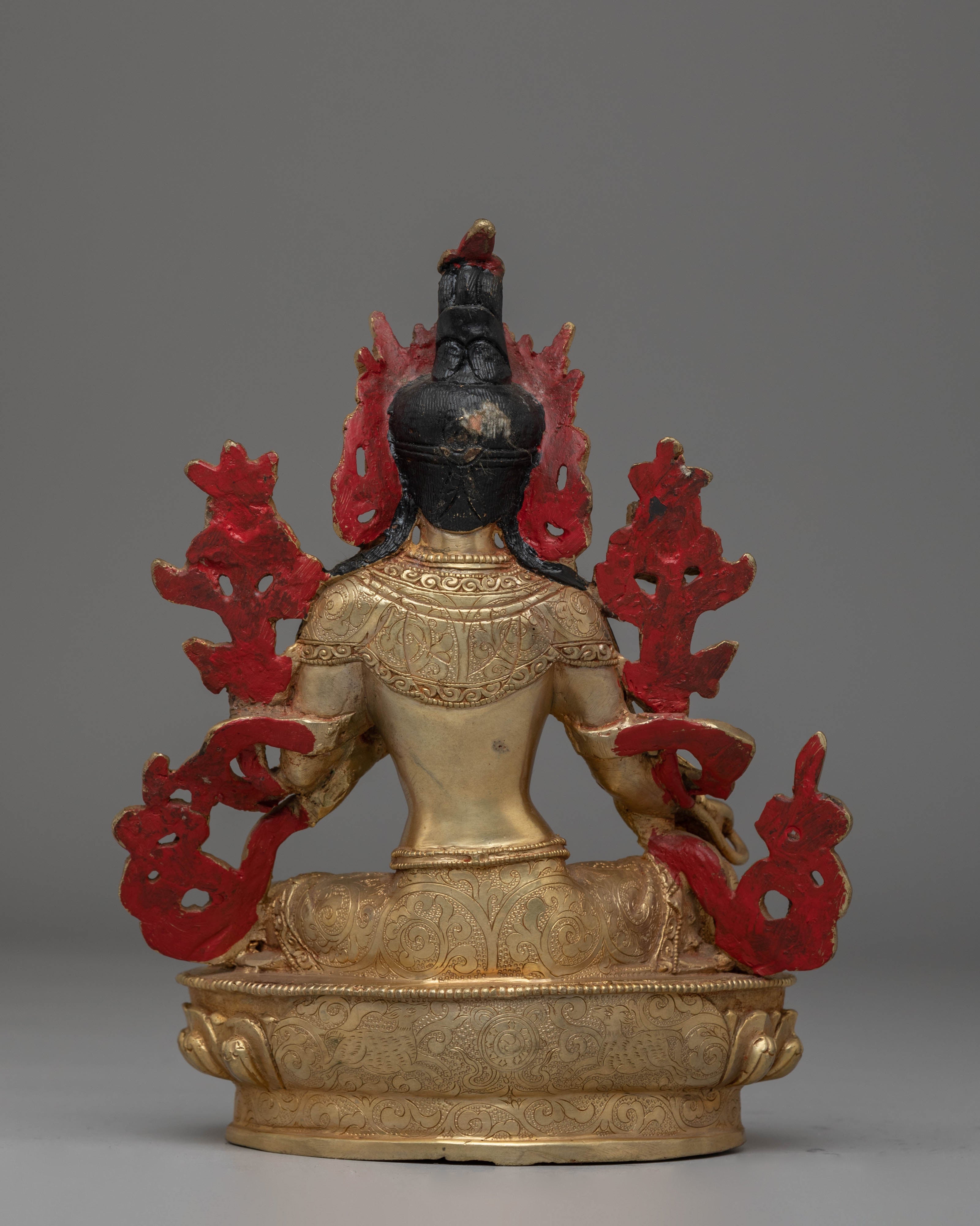 Handcrafted Green Tara Copper Statue with Spiritual Motifs