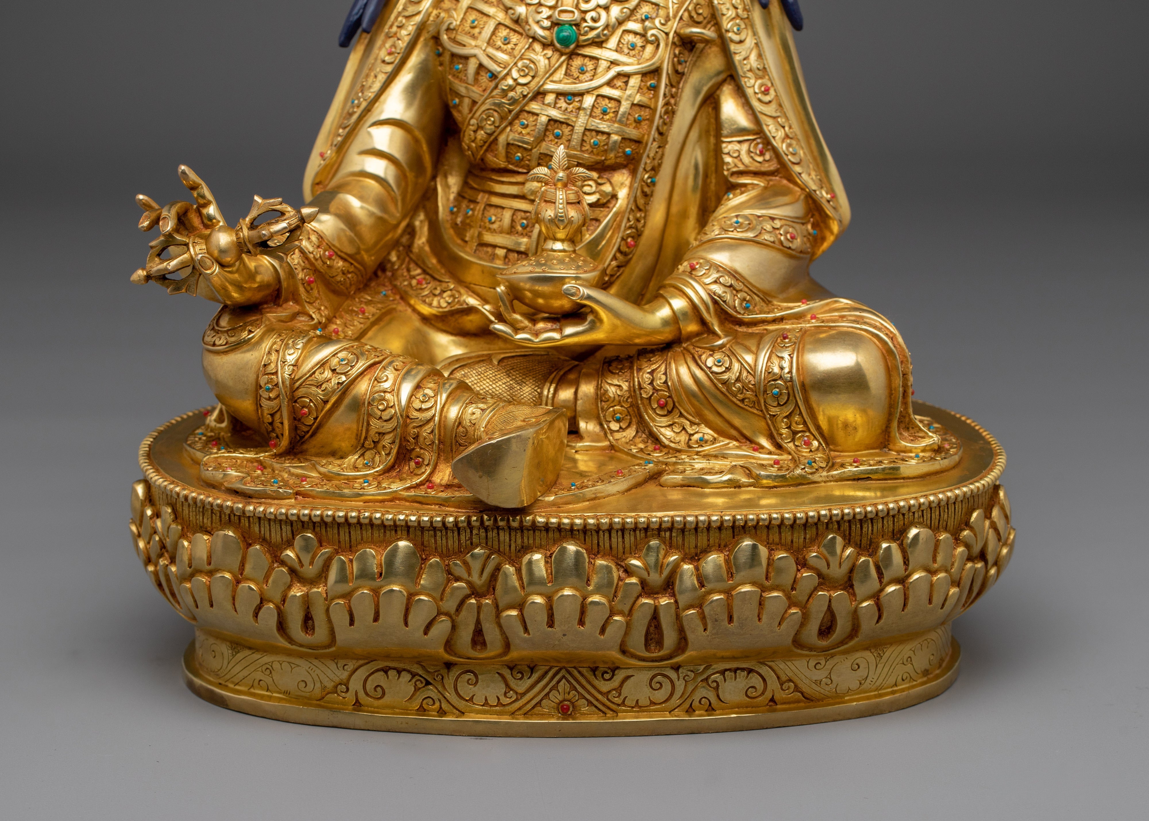 Golden Guru Rinpoche Statue Crafted with Copper | Tibetan Master Sculpture