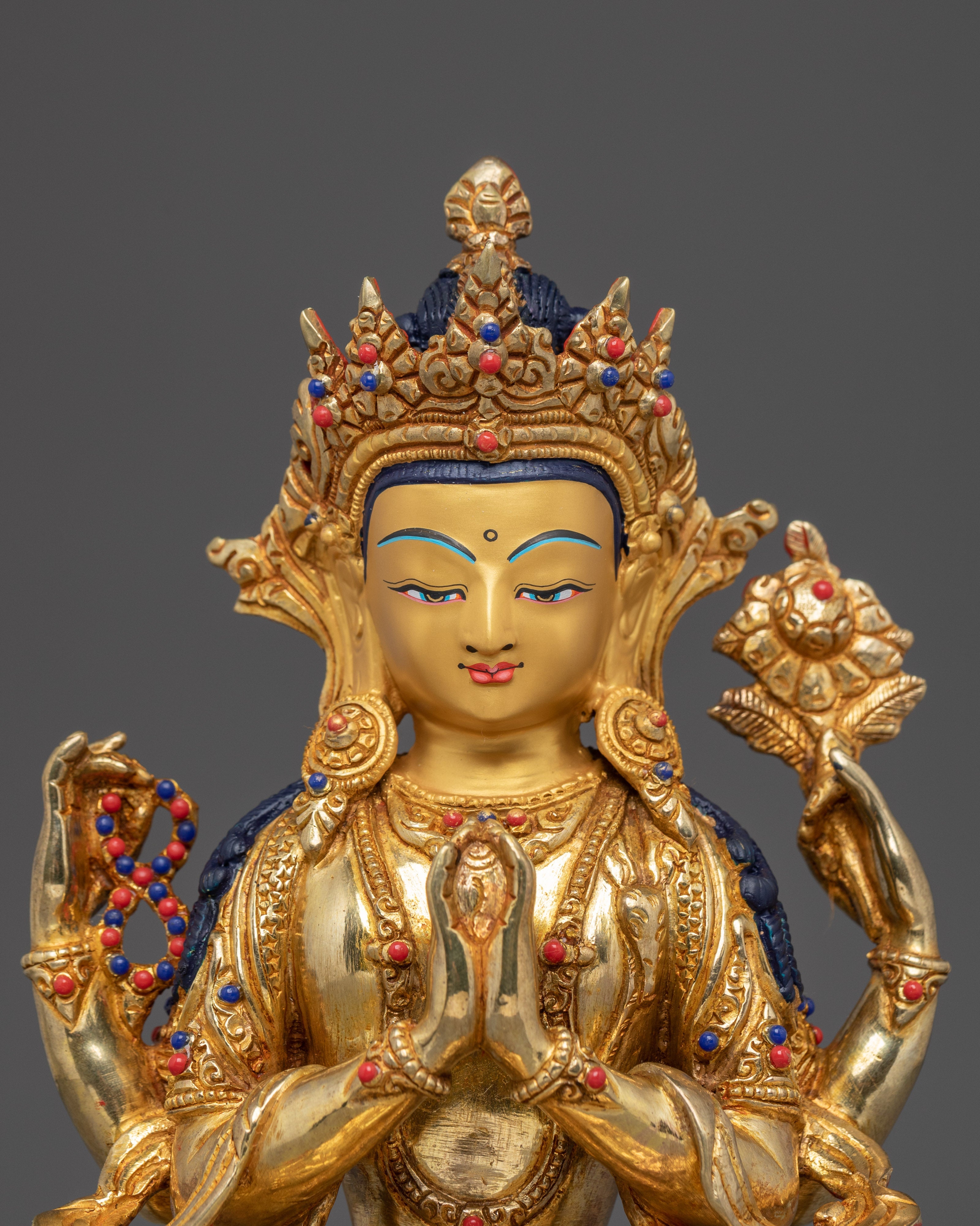 Gold Plated Buddhist Chenrezig Sculpture | Copper Sculpture with Coral & Turquoise