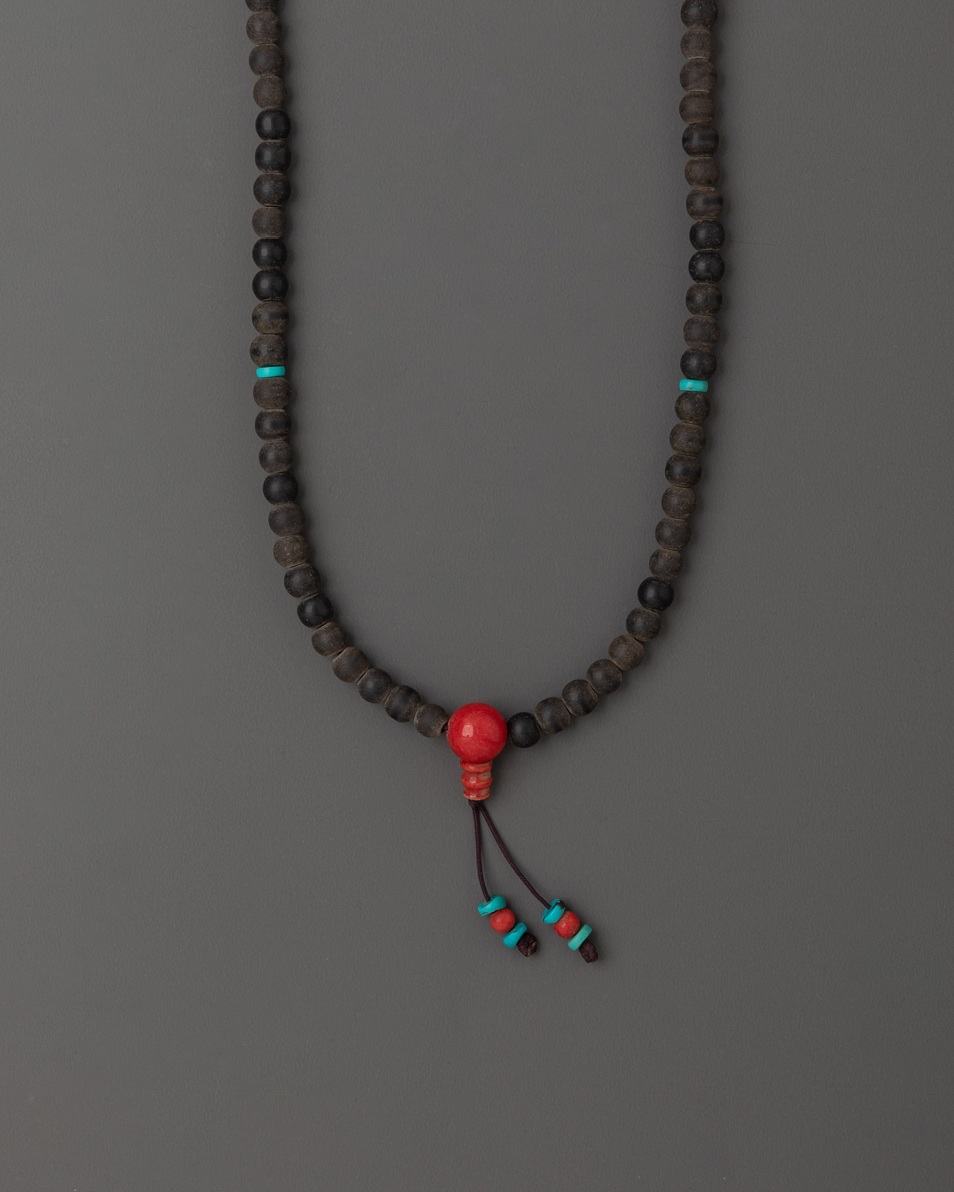 108 Bead Japa Mala Necklace with Black Stone Beads | Turquoise and Coral Accents