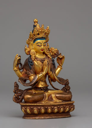 Gold Plated Chenrezig Statue | Avalokiteshvara Copper Buddha