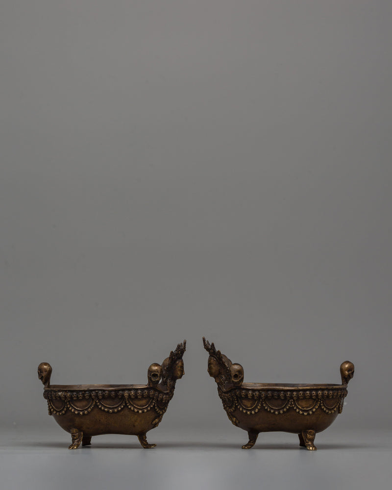 Oxidized Brass Kapala Set | Sacred Tibetan Offering Bowls for Ceremonial Use