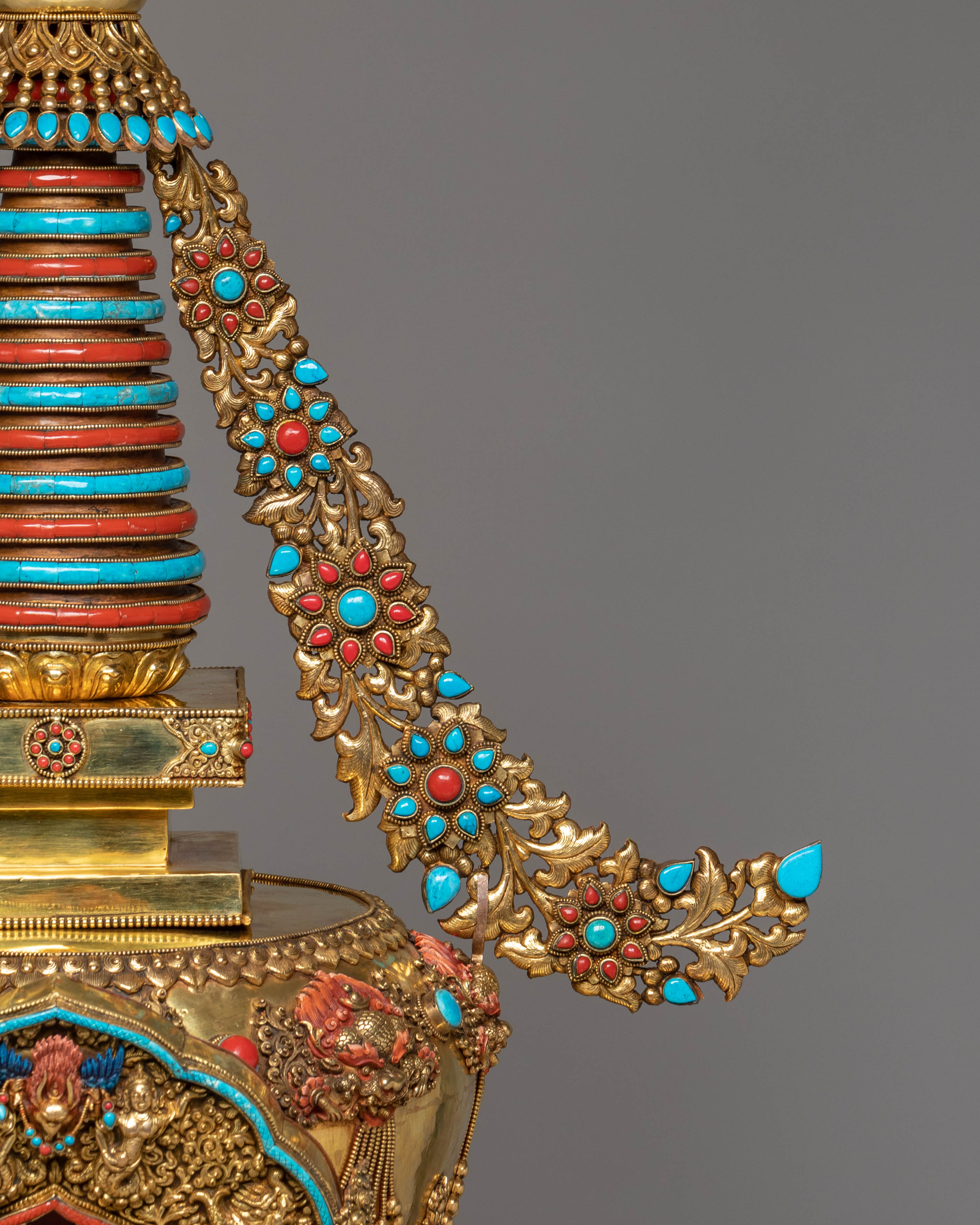 Buddhist Handcrafted Sacred Stupa | Gold-Plated Copper with Coral & Turquoise