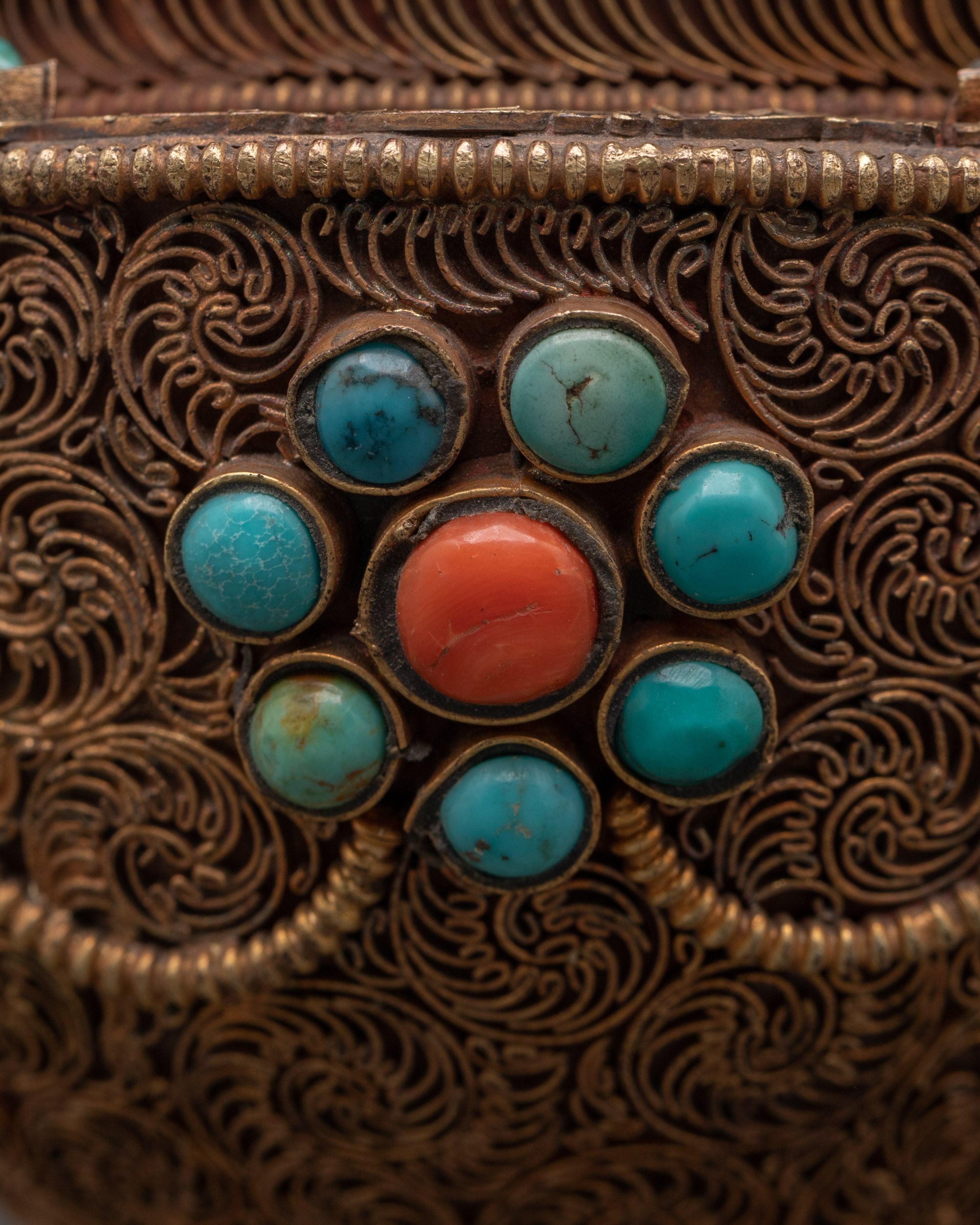 Handcrafted Tibetan Filigree Rice Pot | Copper Pot with Coral & Turquoise Inlays