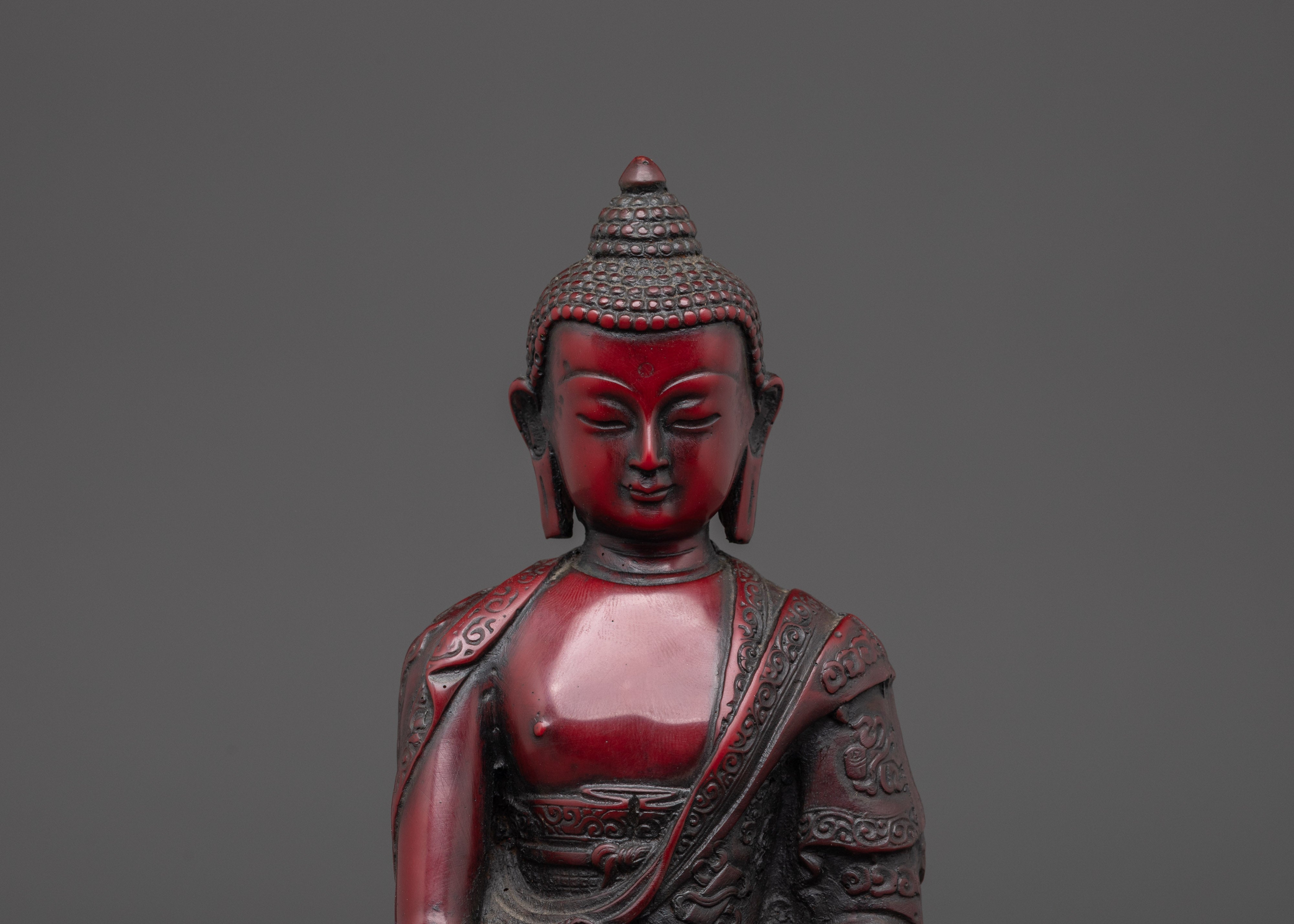 Sacred Shakyamuni Buddha Sculpture | Ceramic Red Buddha Statue for Meditation