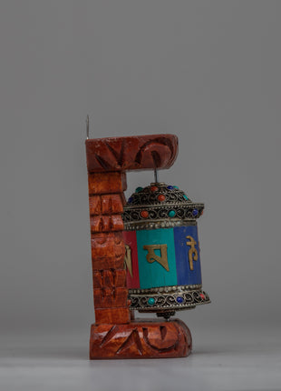 Compact Copper Prayer Wheel with Mantras and Stones | Vibrant Buddhist Devotional Tool