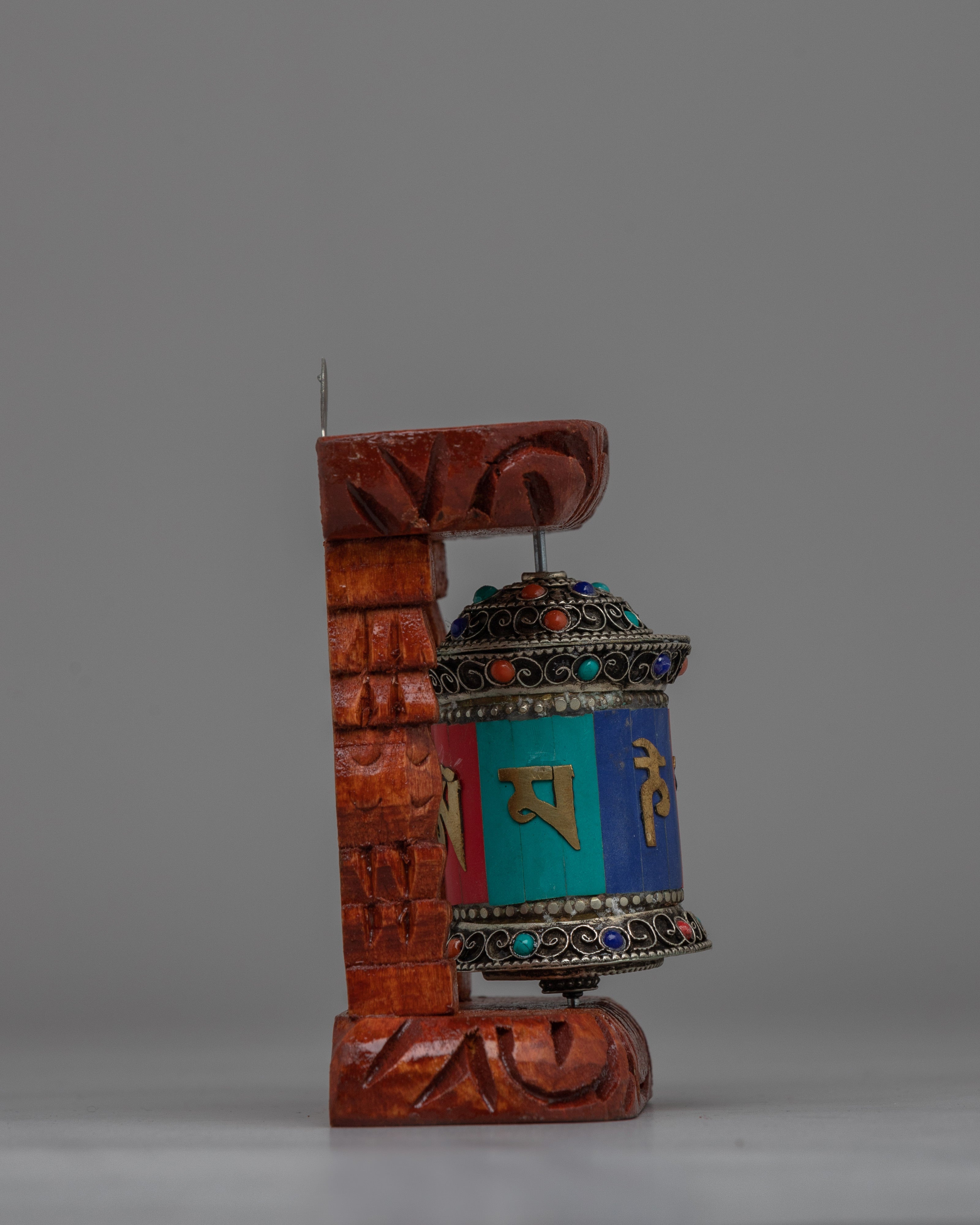 Compact Copper Prayer Wheel with Mantras and Stones | Vibrant Buddhist Devotional Tool