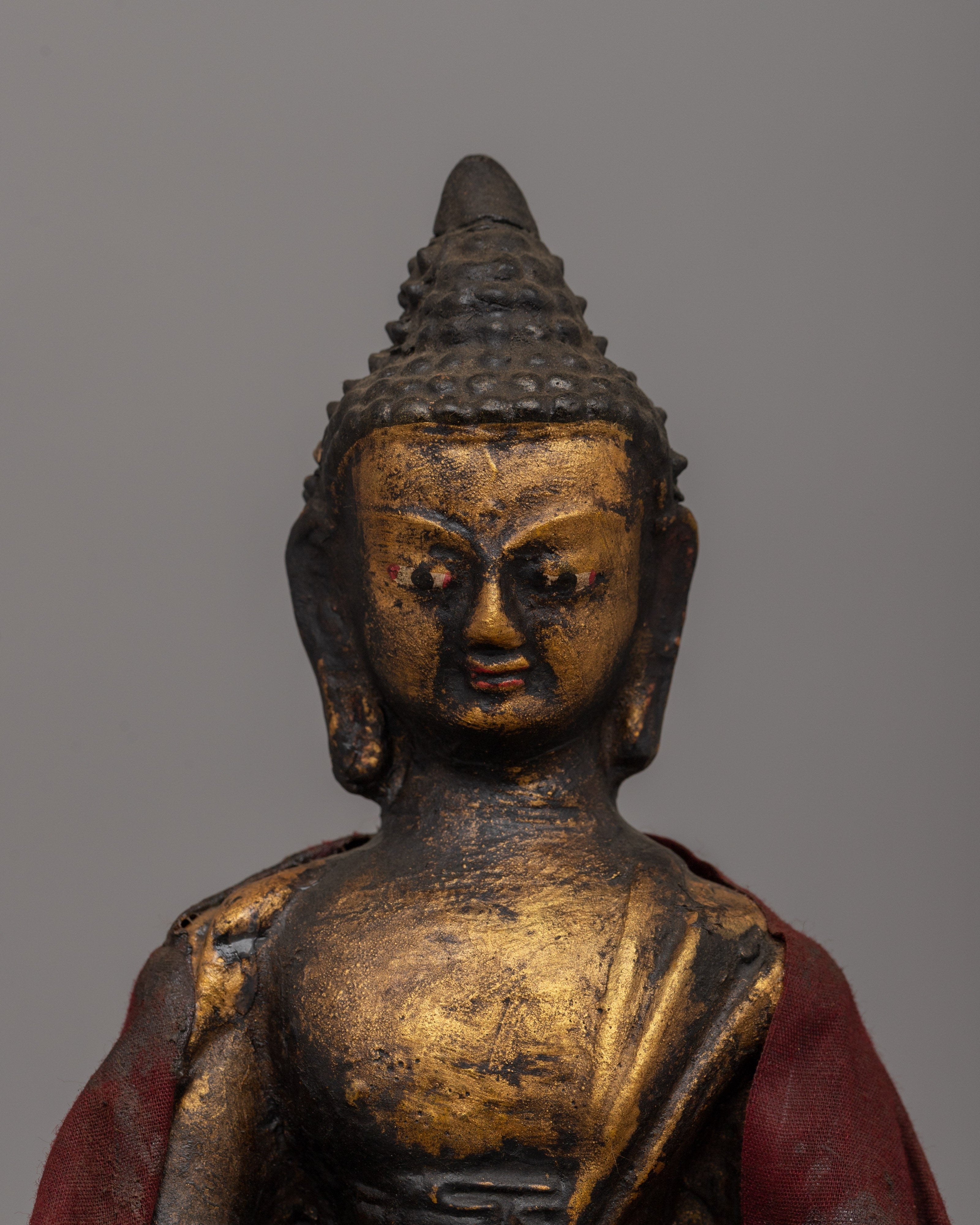 Shakyamuni Buddha Statue for Altar | Handcrafted Wood & Clay Sculpture