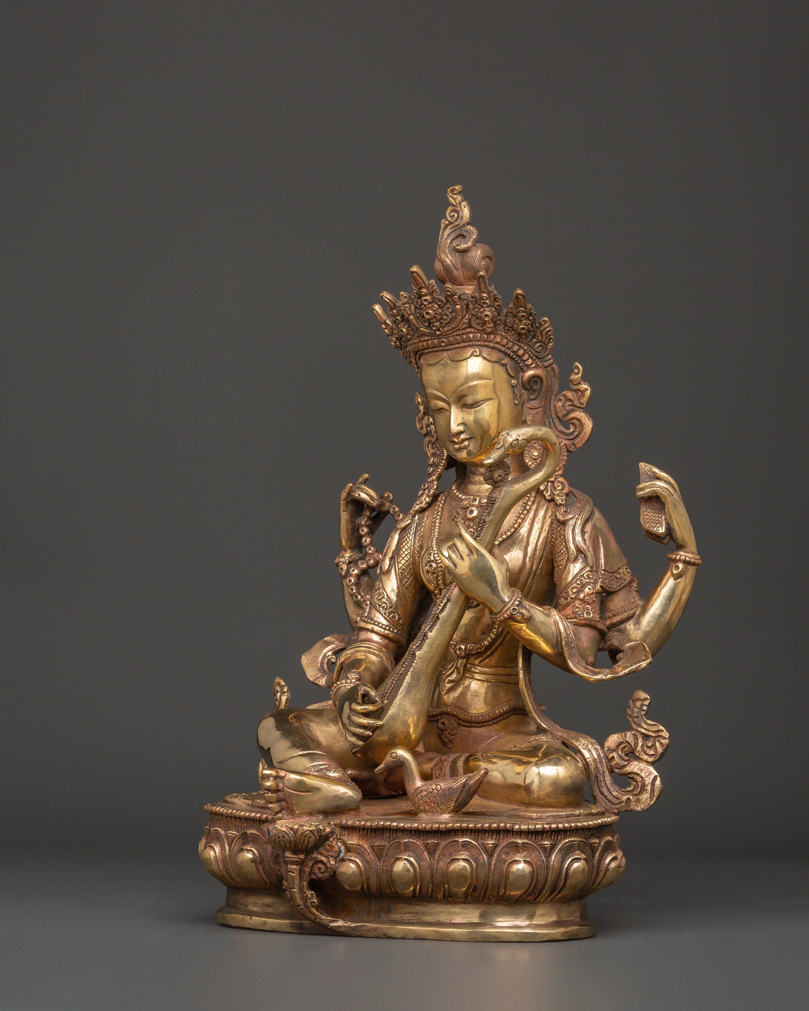 Saraswati Goddess Statue in Copper | Wisdom Deity Sculpture