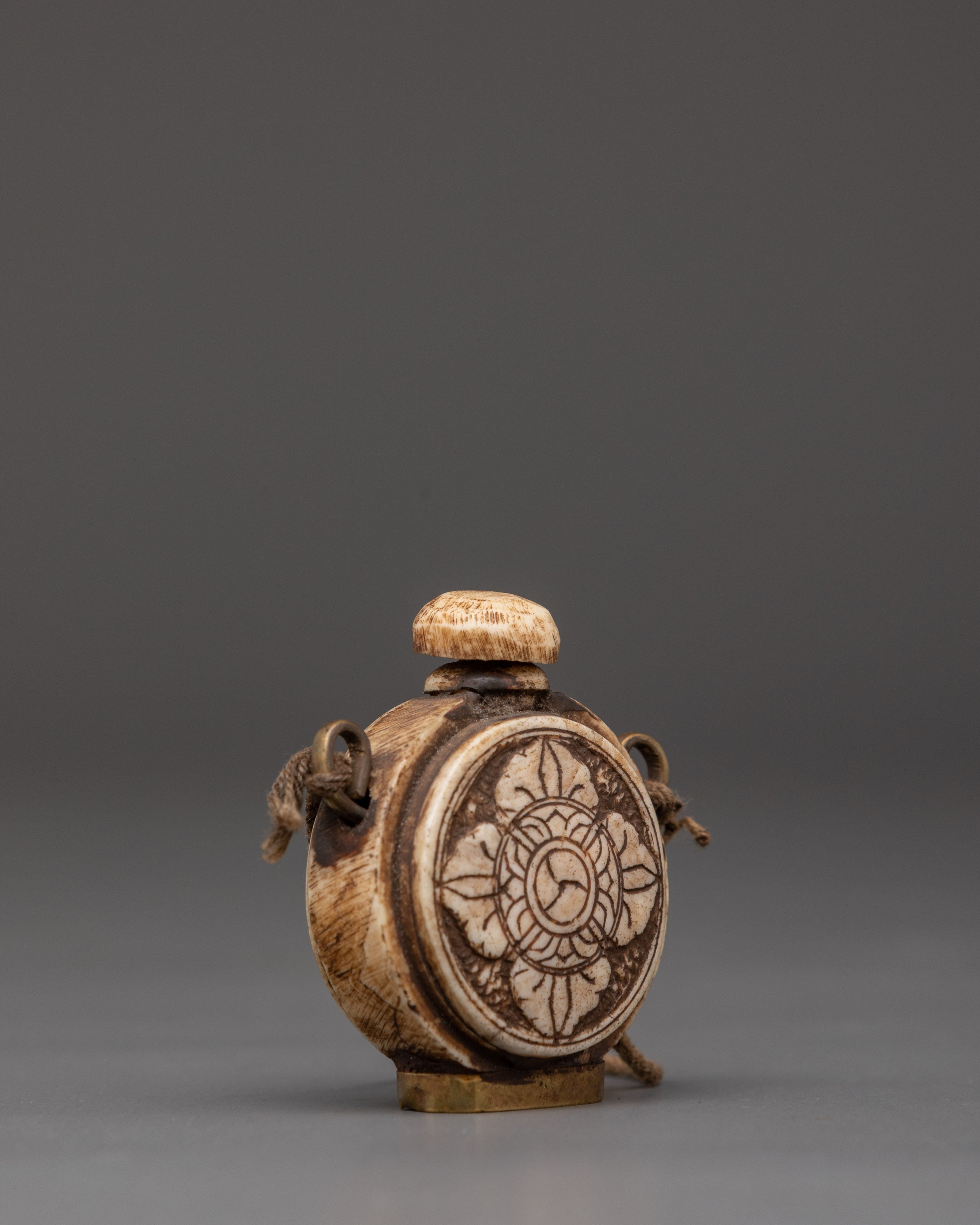 Tibetan Ritual Snuff Bottle in Carved Buffalo Bone