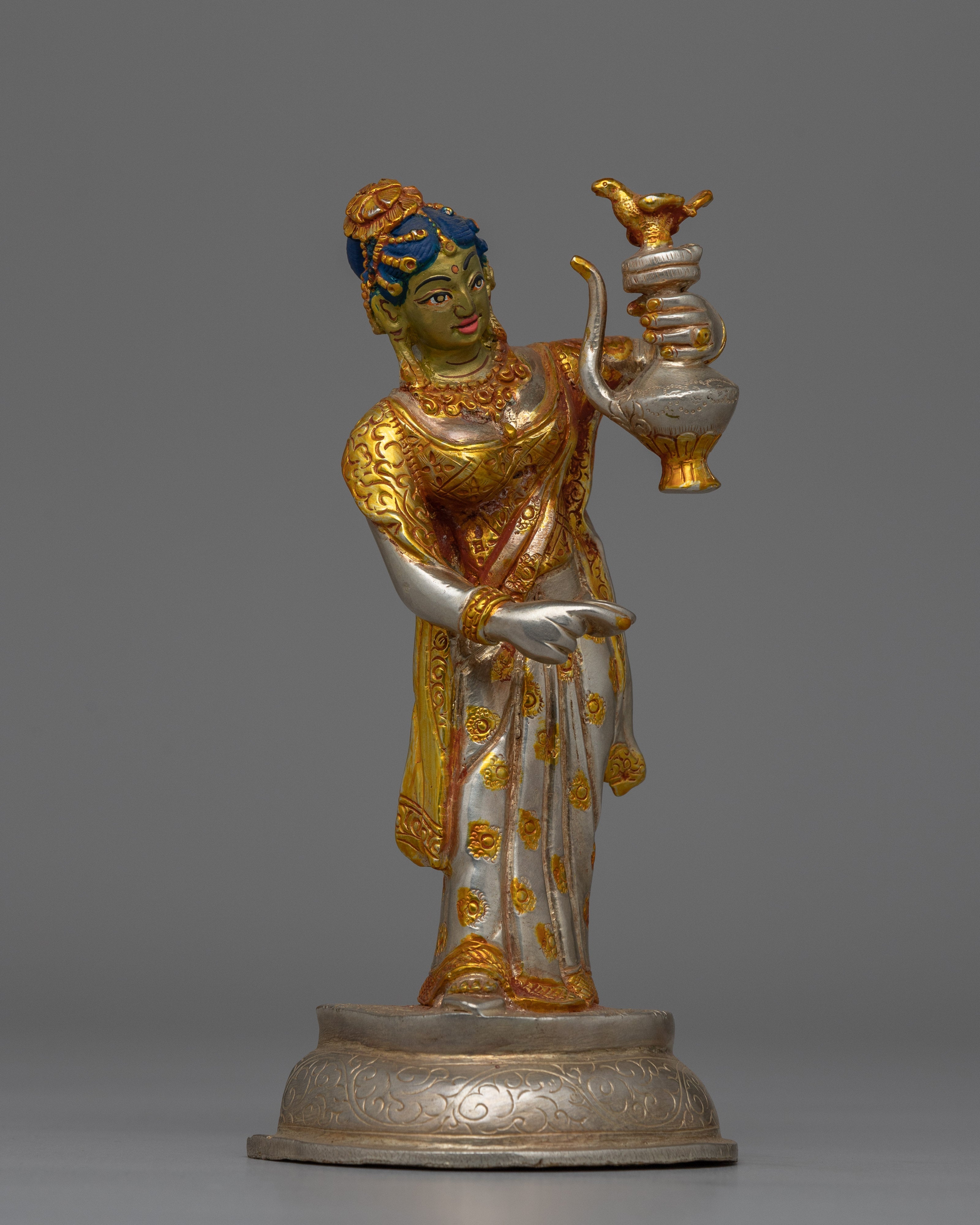 Newari Traditional Clad Silver & Gold-Plated Statue | Decorative Piece for Spiritual and Cultural Settings