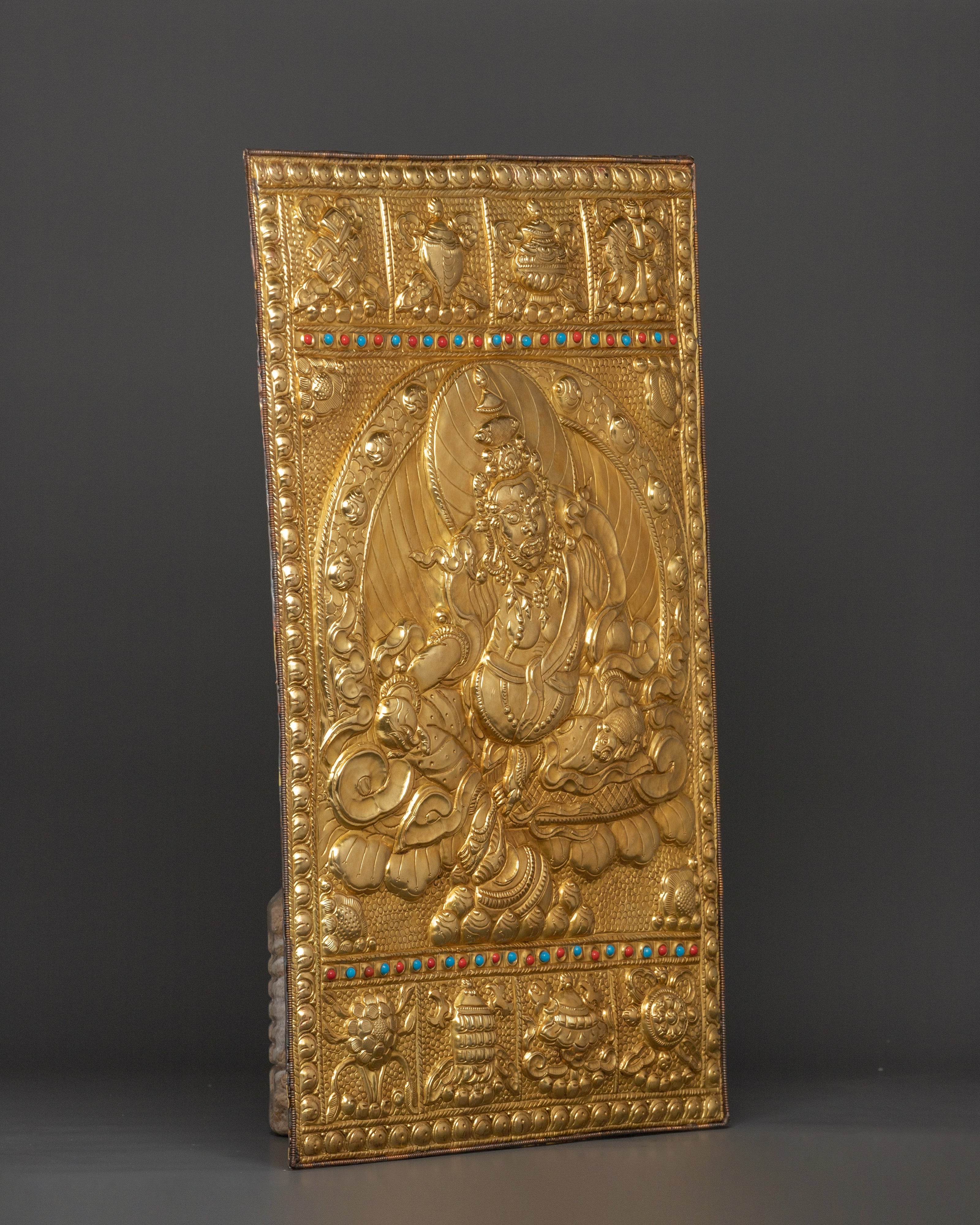 Dzambhala Metal Thangka Wall Hanging | Brass Tibetan Wealth Deity Artwork