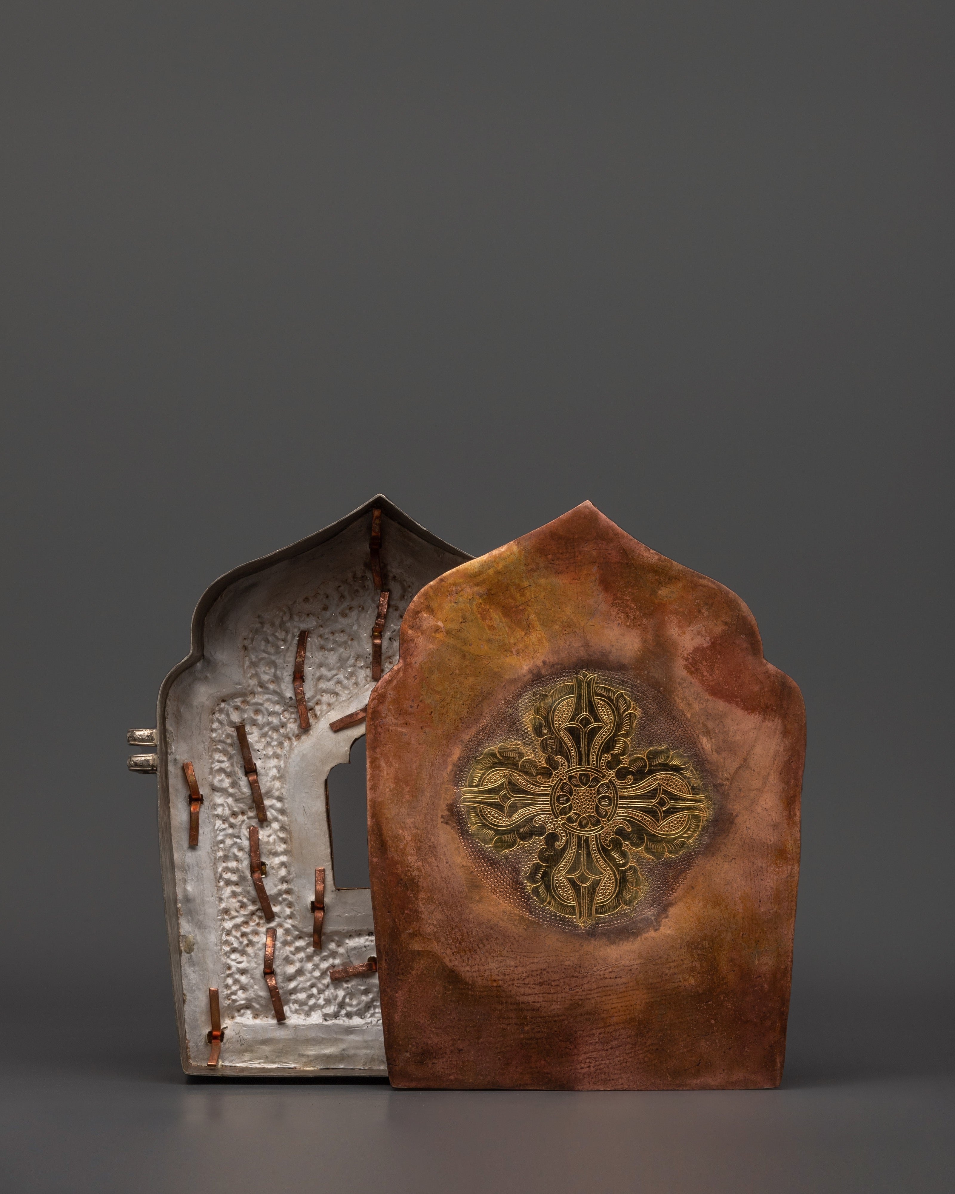 Buddhist Portable Ghau Box \ Gold &amp; Silver-Plated Copper Shrine Box