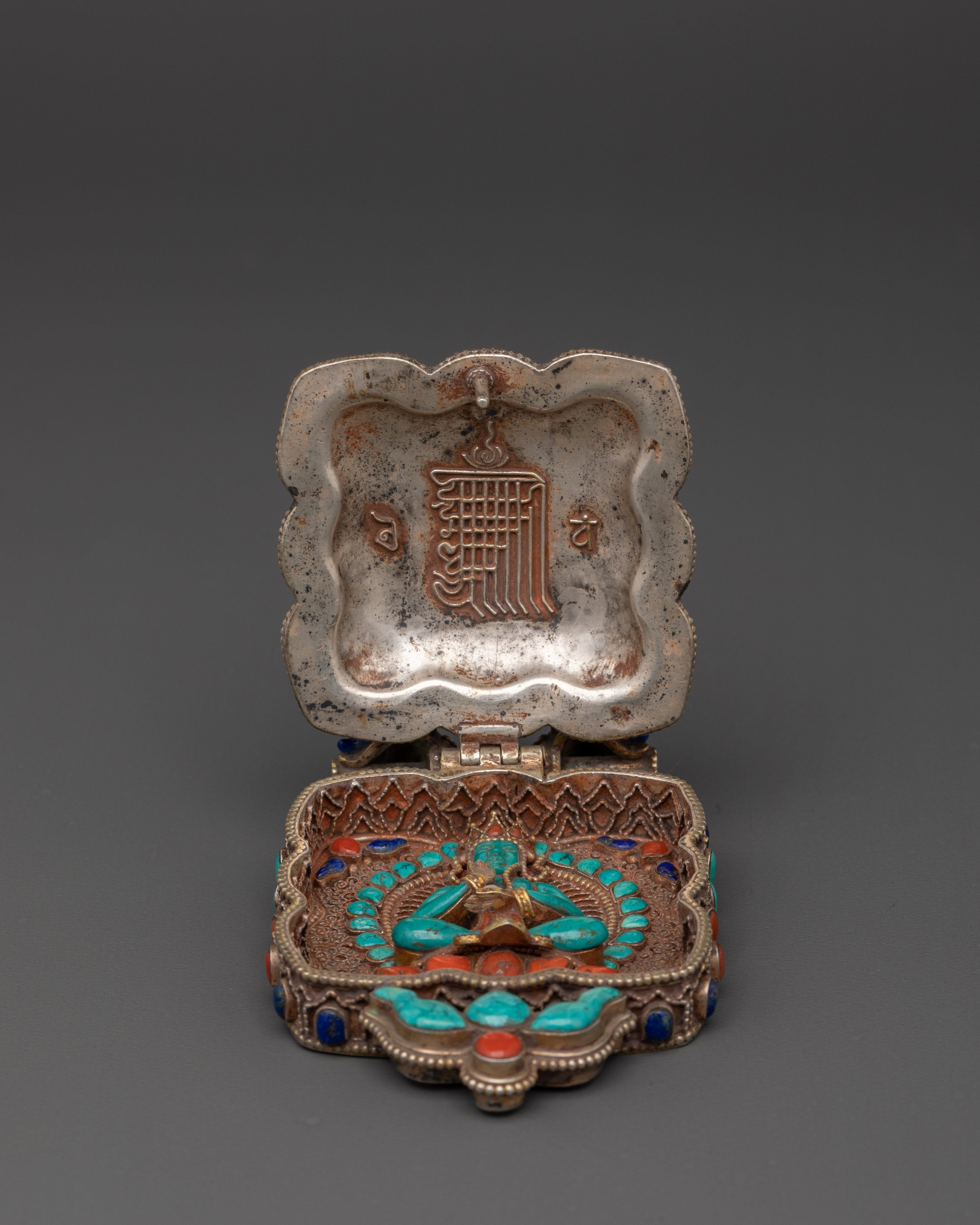 Tibetan Ghau Locket Charm | Silver Pendant with Turquoise