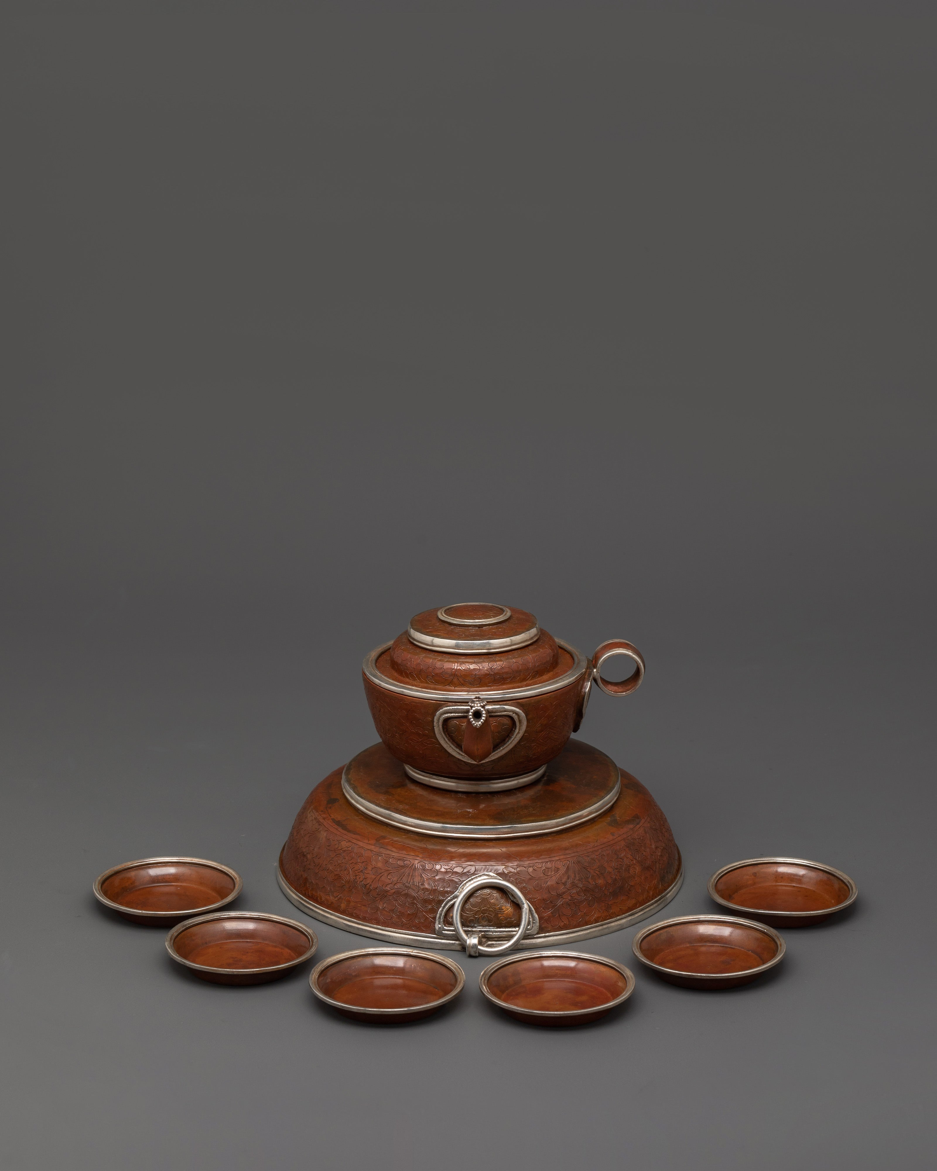 Spiritual Tibetan Water Offering Set | Oxidized Copper Ritual Bowls with Silver-Plated Brass Lining