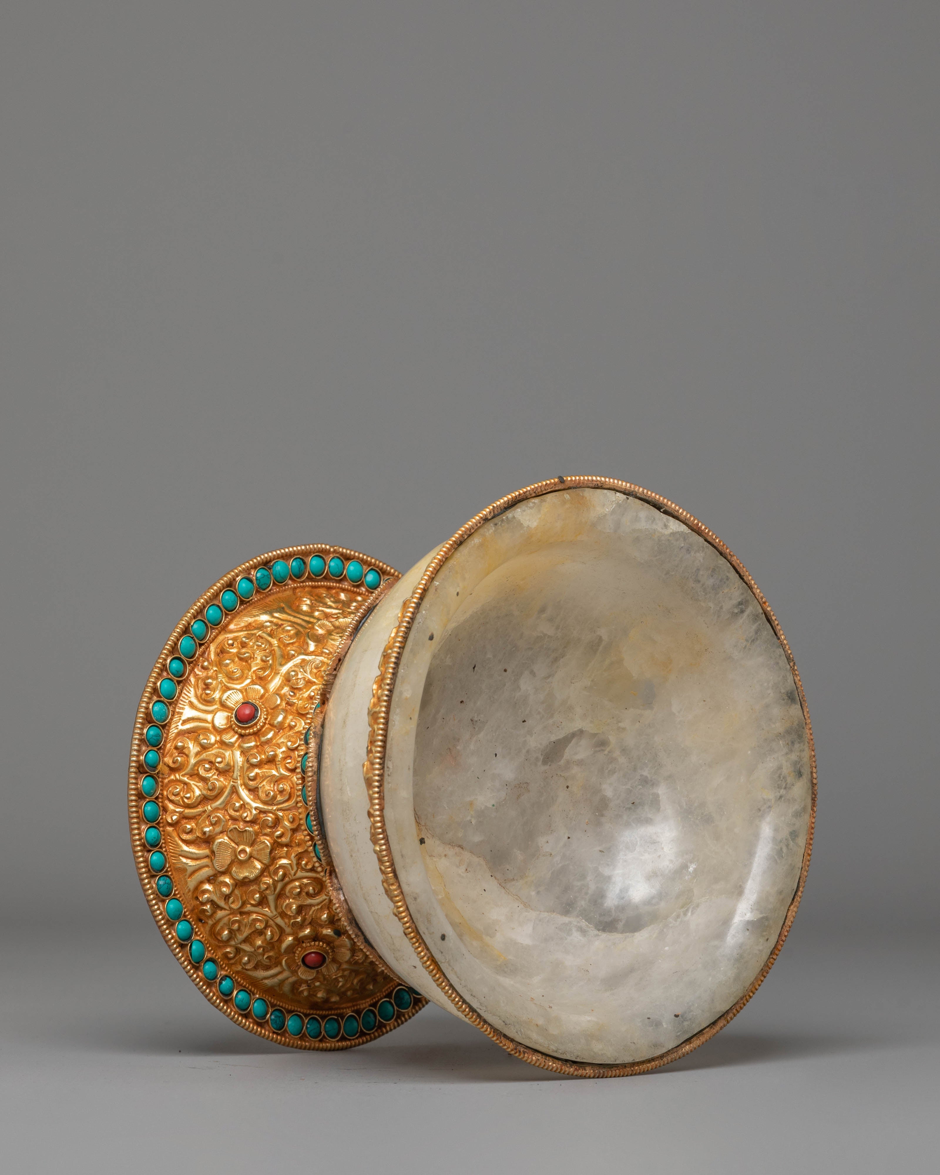 Sacred Tibetan Handcrafted Rice Pot | Electro Gold-Plated with Coral & Turquoise