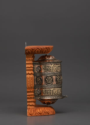 Large Copper & Brass Prayer Wheel | Sacred Wood Frame